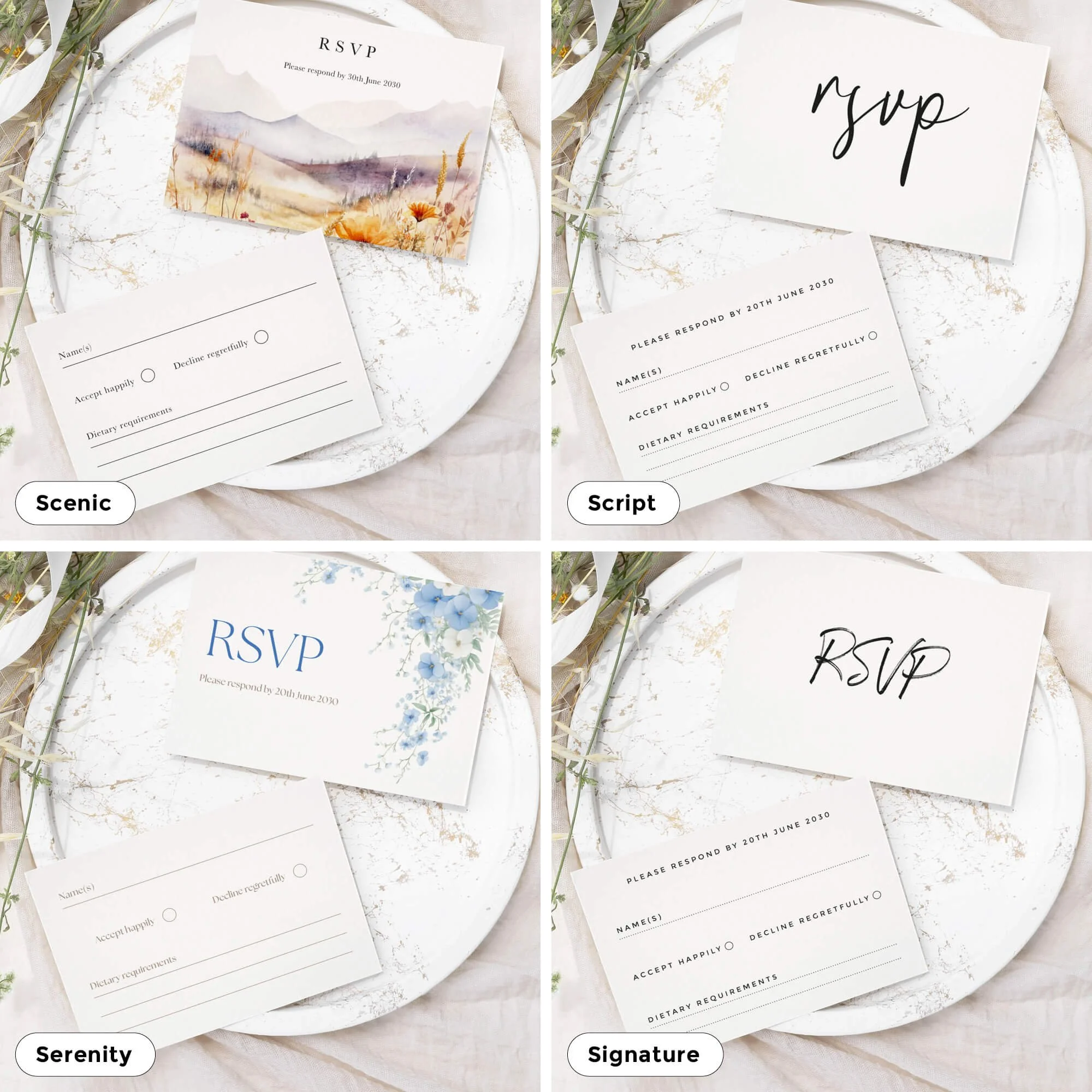 Elegant wedding RSVP card with guest response details and meal choice section