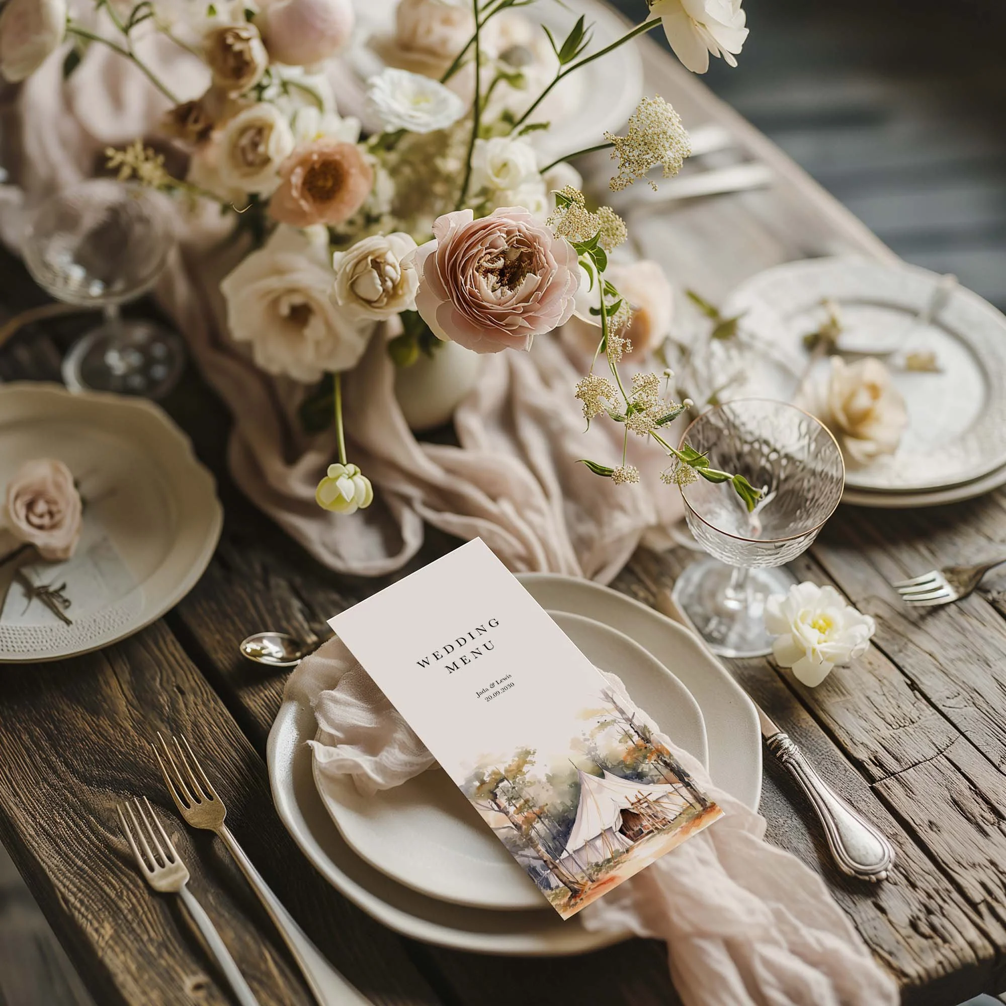 Bell Tent wedding menu card styled on a wedding table setting with tableware and décor