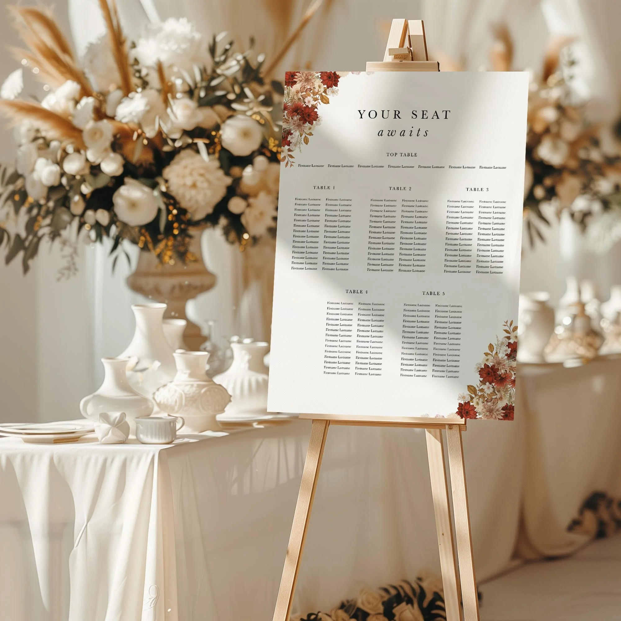 Rustic wedding seating chart sign styled at a reception