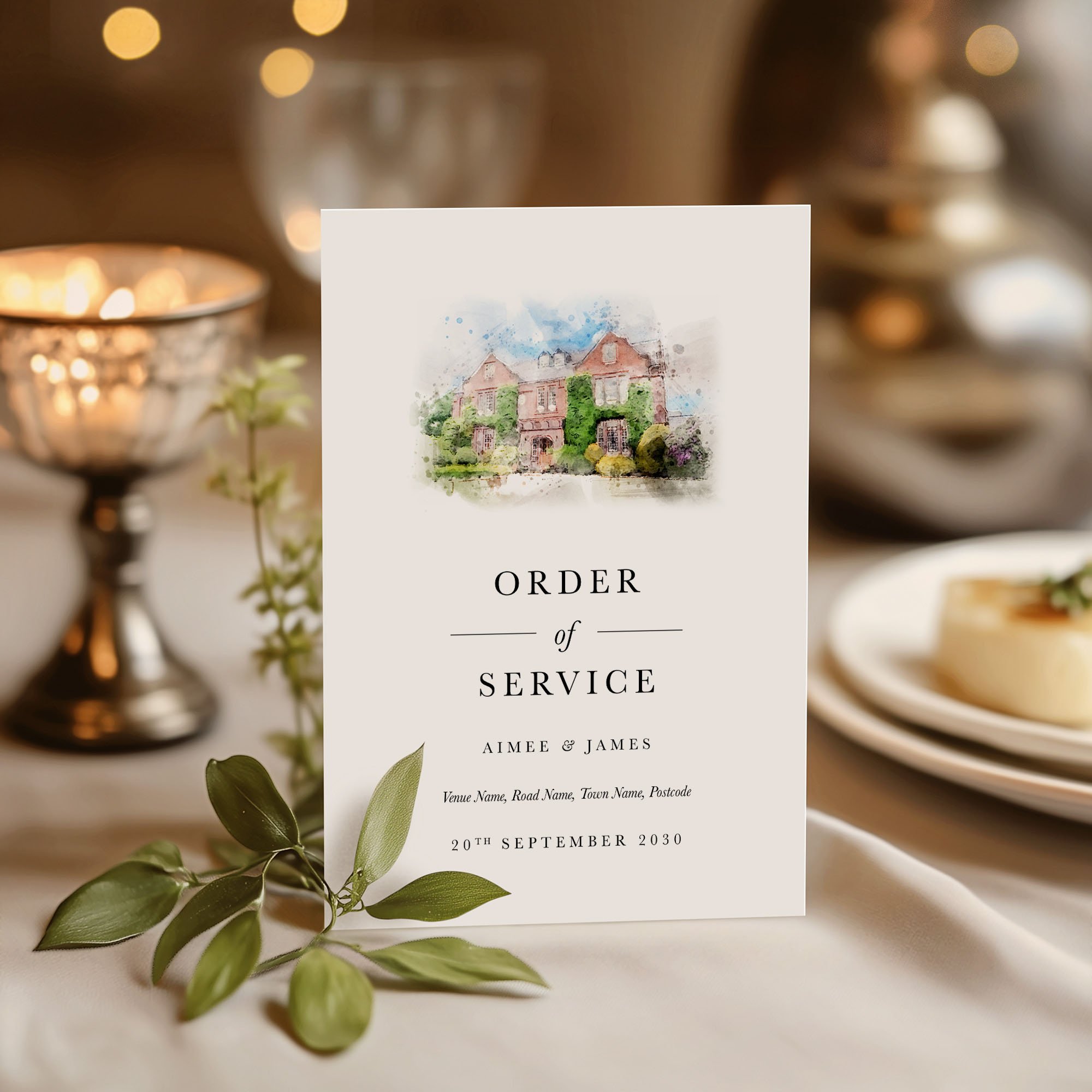 Order of service card with bespoke watercolour wedding venue illustration and minimalist wedding stationery design.