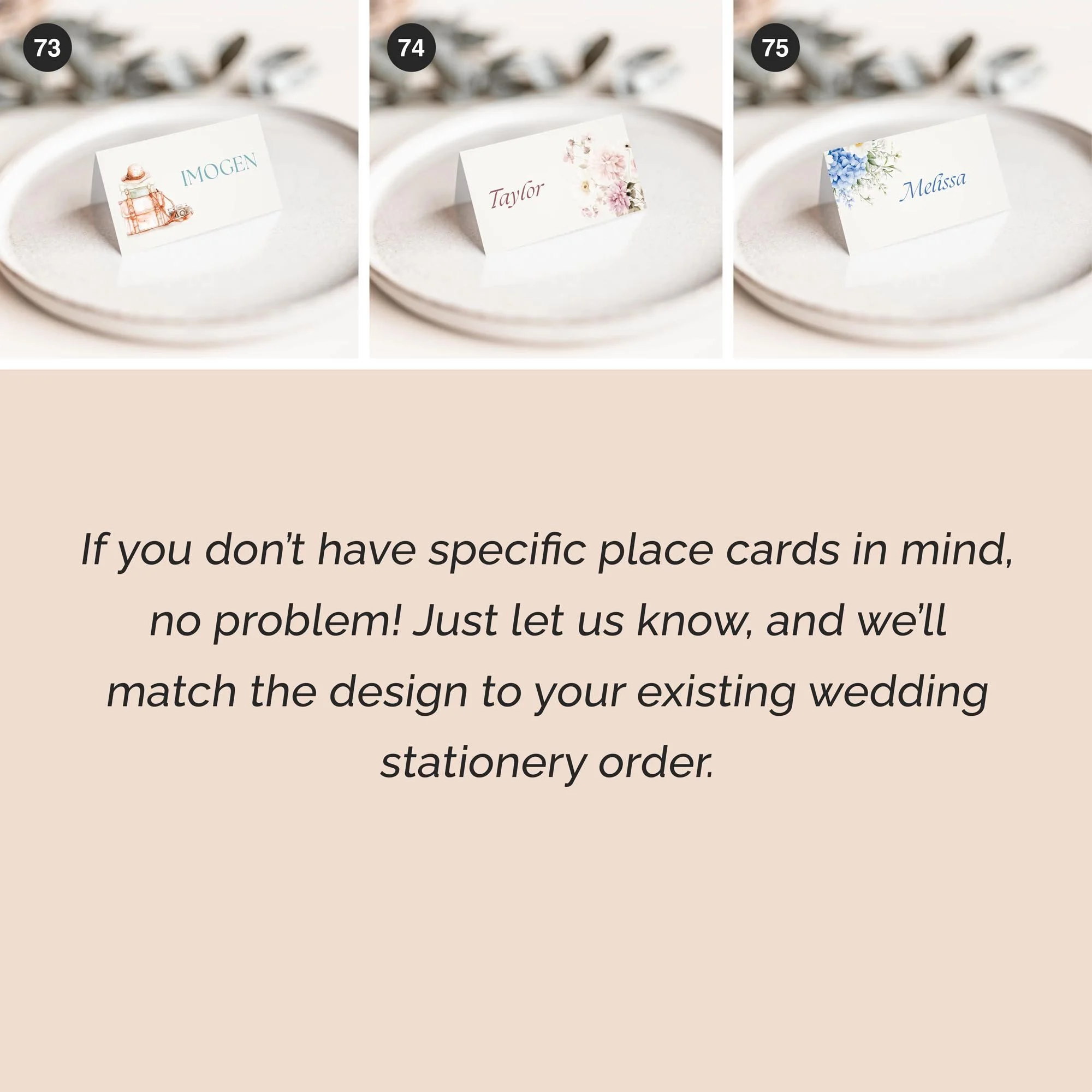 Selection of personalised wedding place card designs in various styles, including modern, floral, and minimalist, displayed on wedding tables