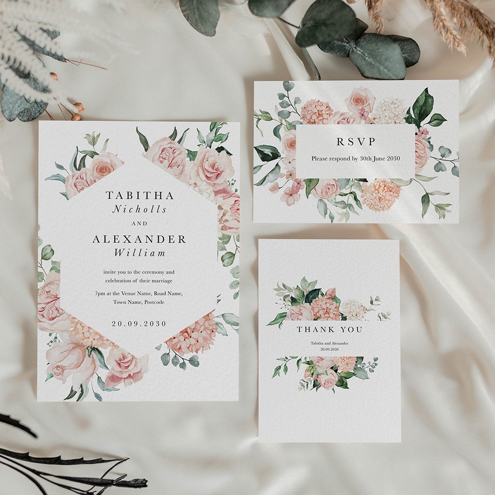 Wedding stationery suite consisting of invitation, RSVP card and thank you card featuring watercolour illustrations of blush pink peonies and greenery.
