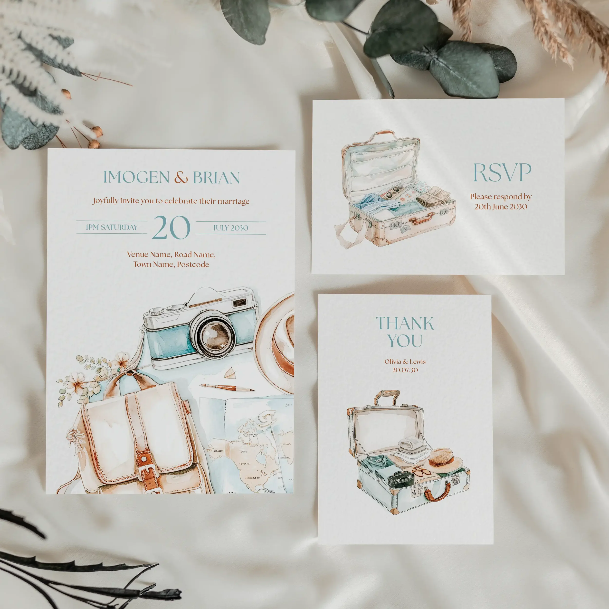 The Explorer wedding stationery collection featuring invitation and RSVP card with an outdoor adventure and travel-inspired illustrated design