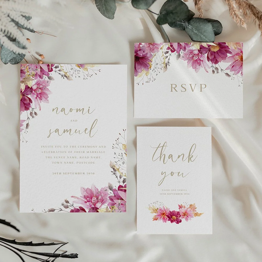 Chrysanthemum Collection flat wedding invitation, RSVP card, and thank you card featuring magenta and fuchsia chrysanthemum florals with soft gold accents.