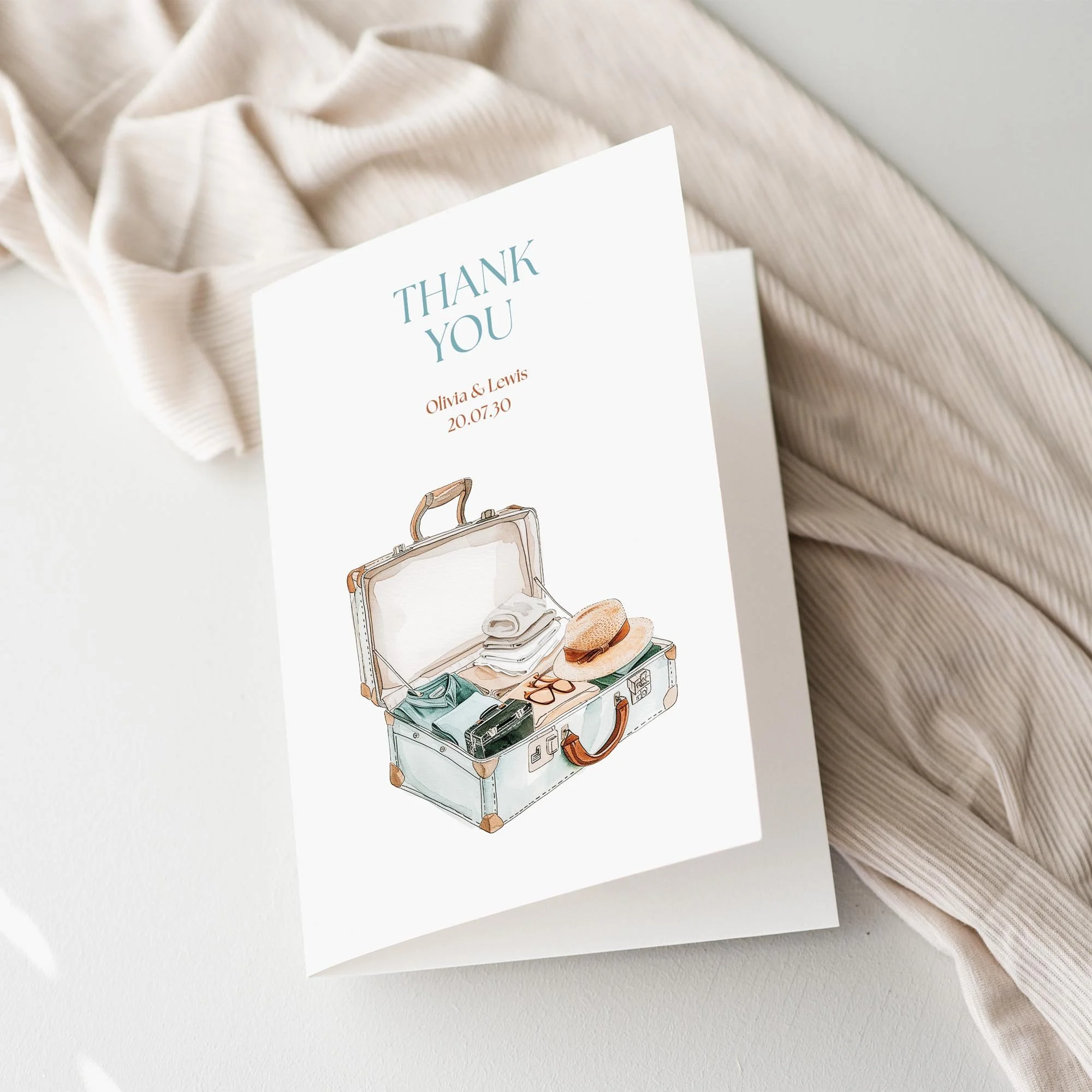 Explorer Wedding Thank You Card featuring a vintage suitcase illustration.