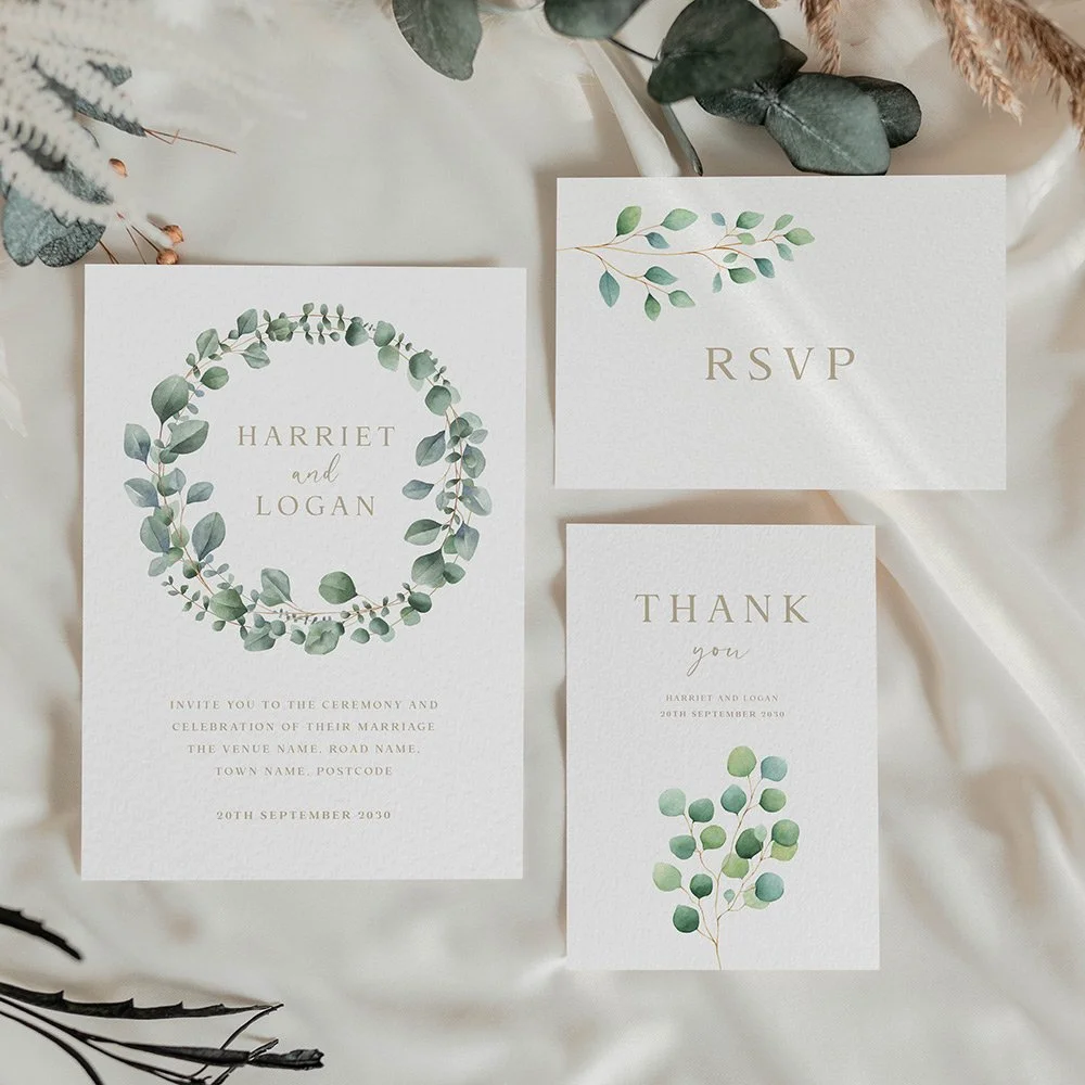 Eucalyptus Foliage Collection flat invitation set featuring sage green eucalyptus wreath and printed gold accents, with matching RSVP and thank you cards.