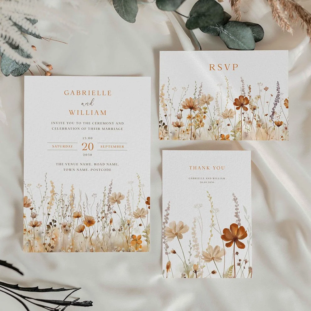 Wedding stationery with brown, boho coloured wildflowers.
