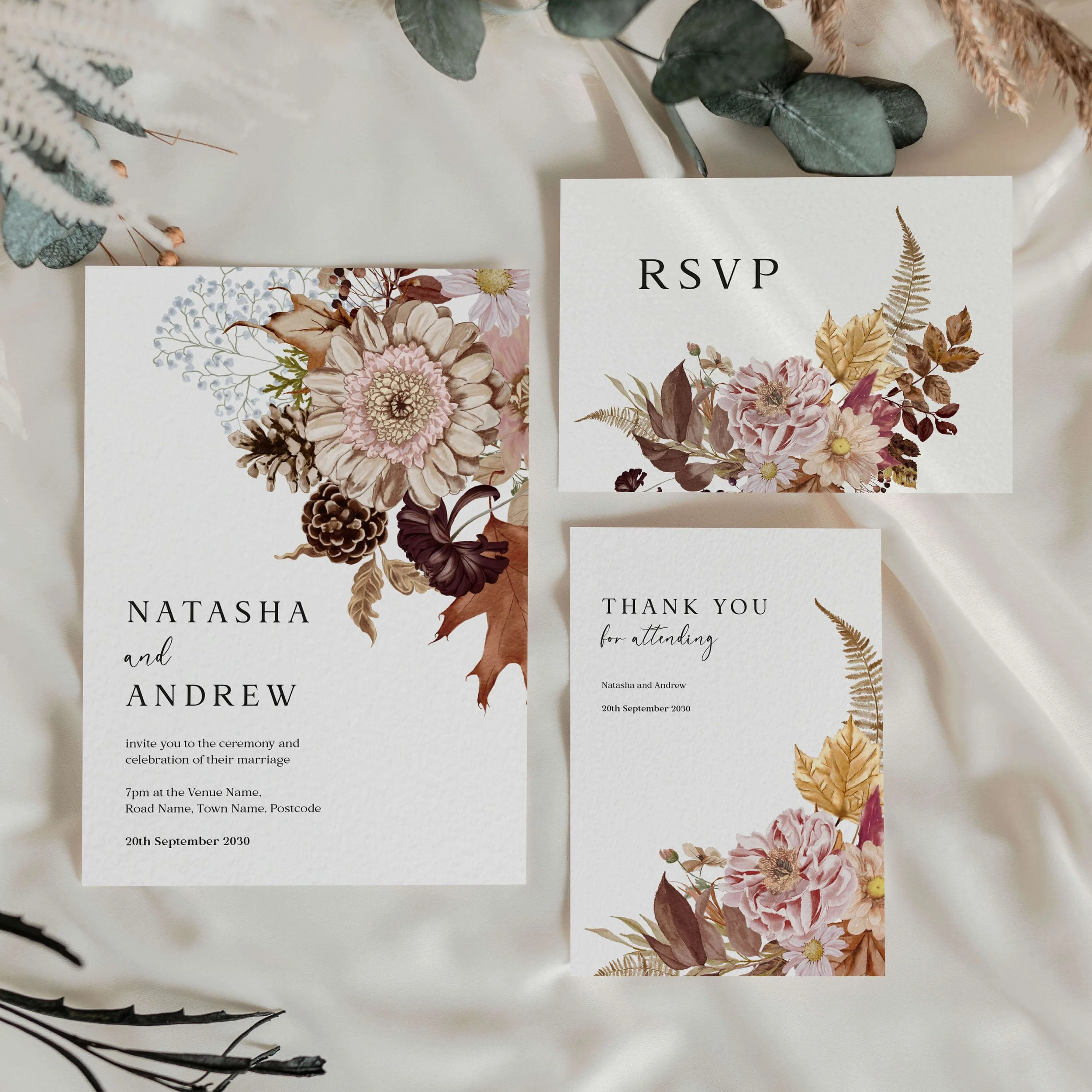 The Autumn wedding stationery collection featuring invitation and RSVP card with a rich autumn floral bouquet including dahlias, golden ferns and dried leaves