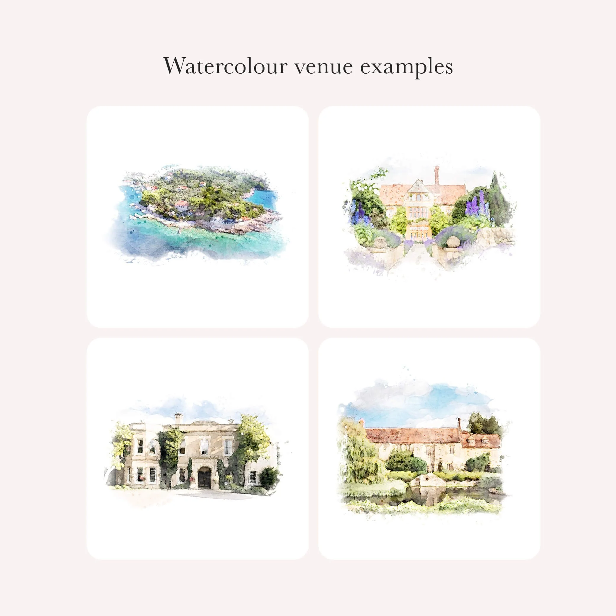 Watercolour-style illustrated venue examples for wedding invitations