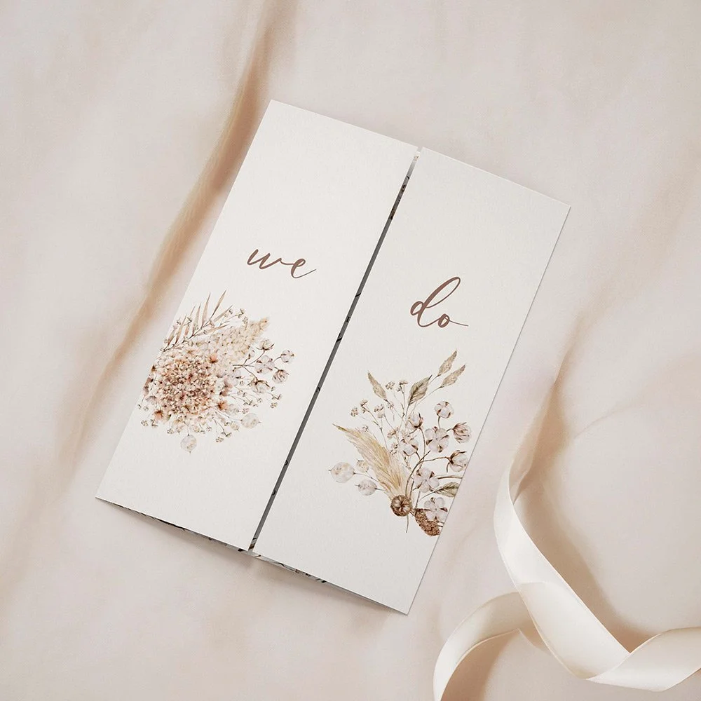 Boho Collection Calligraphy gatefold invitation closed, showcasing handwritten calligraphy with pampas grass and neutral florals.
