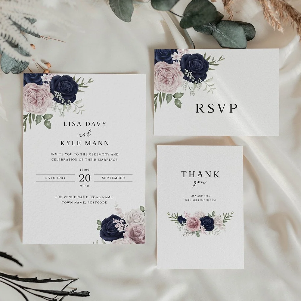 Wedding stationery set including invitation, RSVP card and thank you card featuring navy blue and blush pink florals.