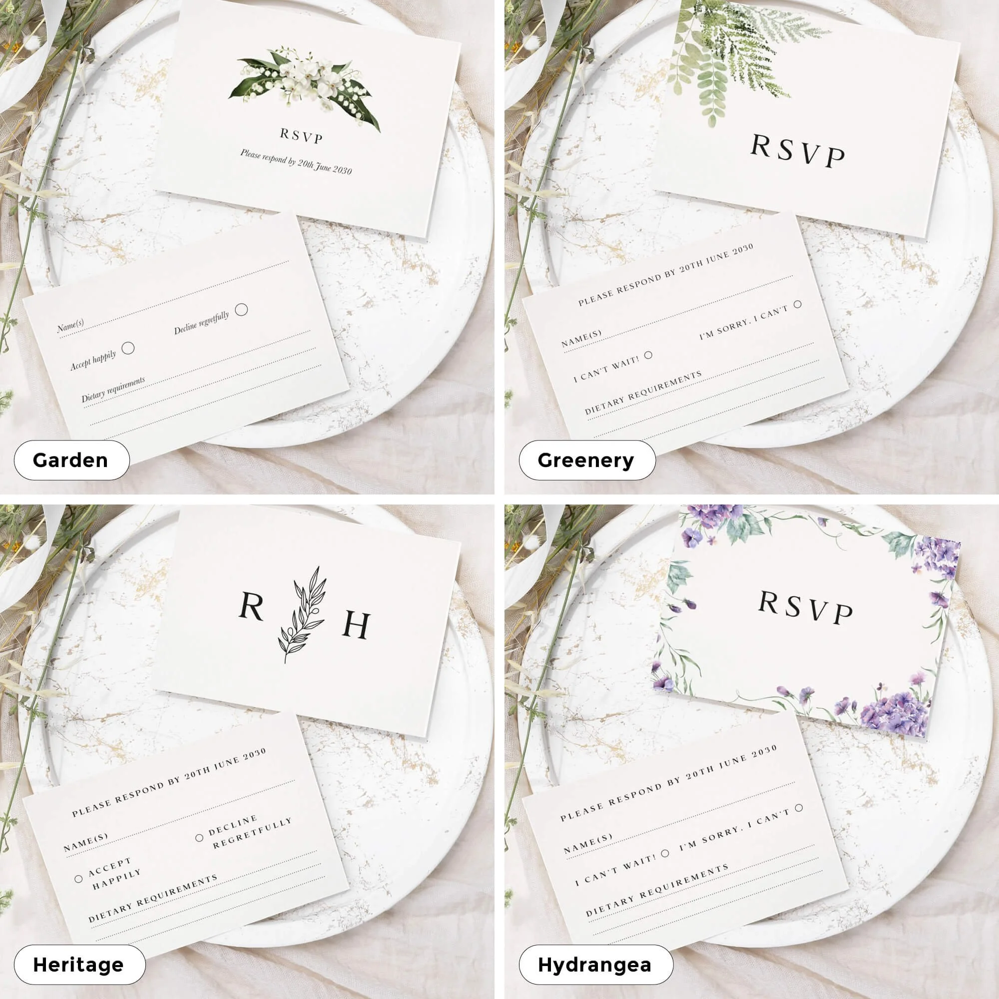 Coordinated wedding RSVP response card included in wedding invitation suite