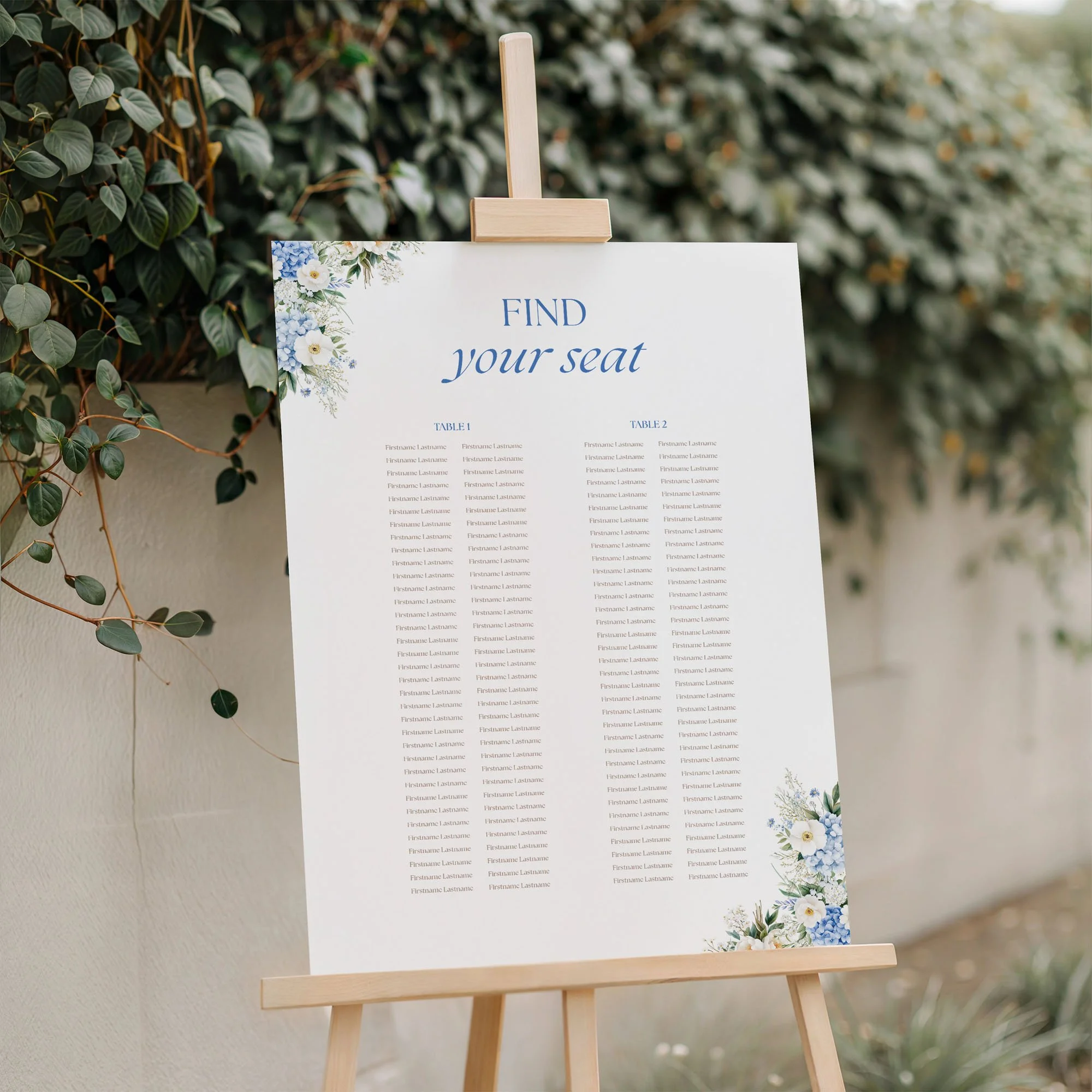 Serenity Wedding Table Plan Board displayed on a trestle table at a wedding venue.