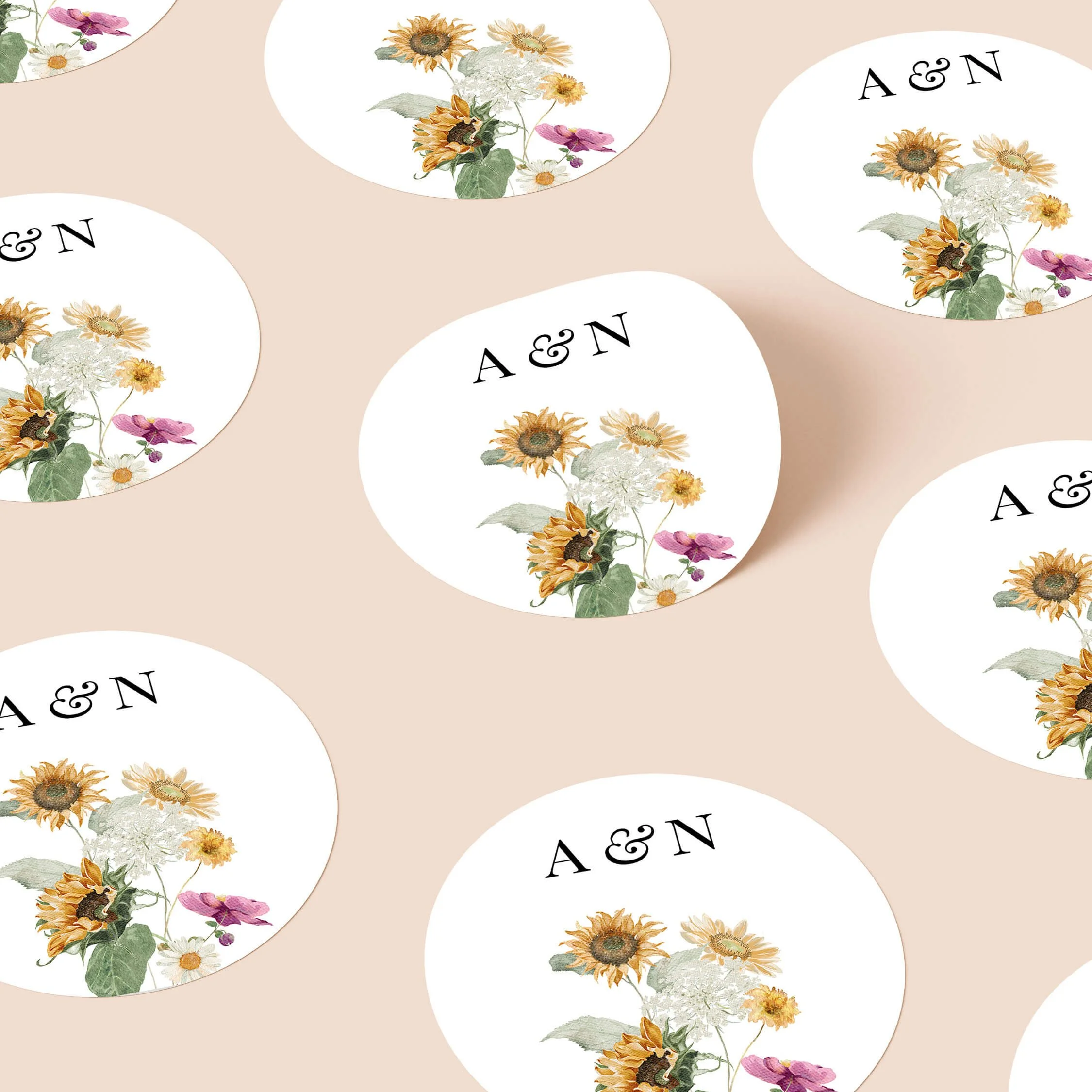 Autumn sunflower wedding stickers with floral illustration and initials