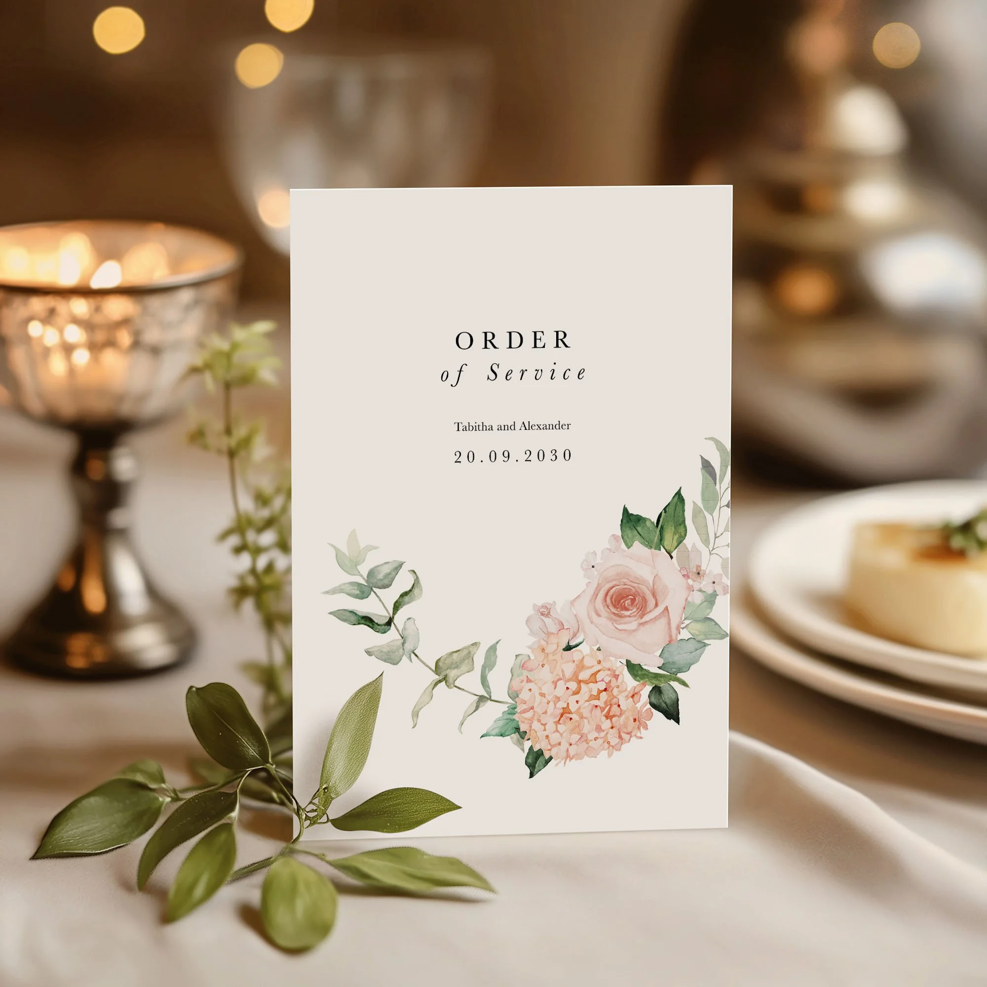 Blush Pink Peony wedding order of service on a wedding day displayed