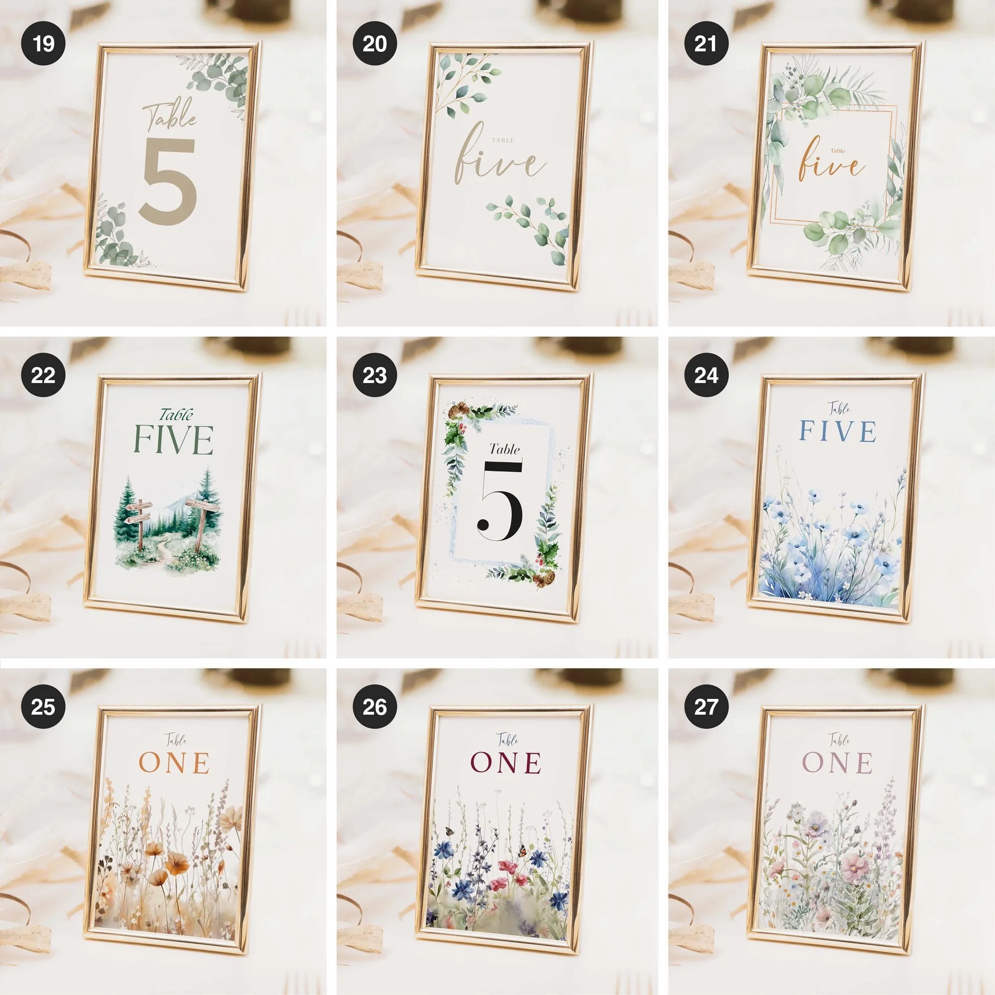 Wedding table number and table name card designs in a range of styles to suit different themes, including floral, modern, and minimal options