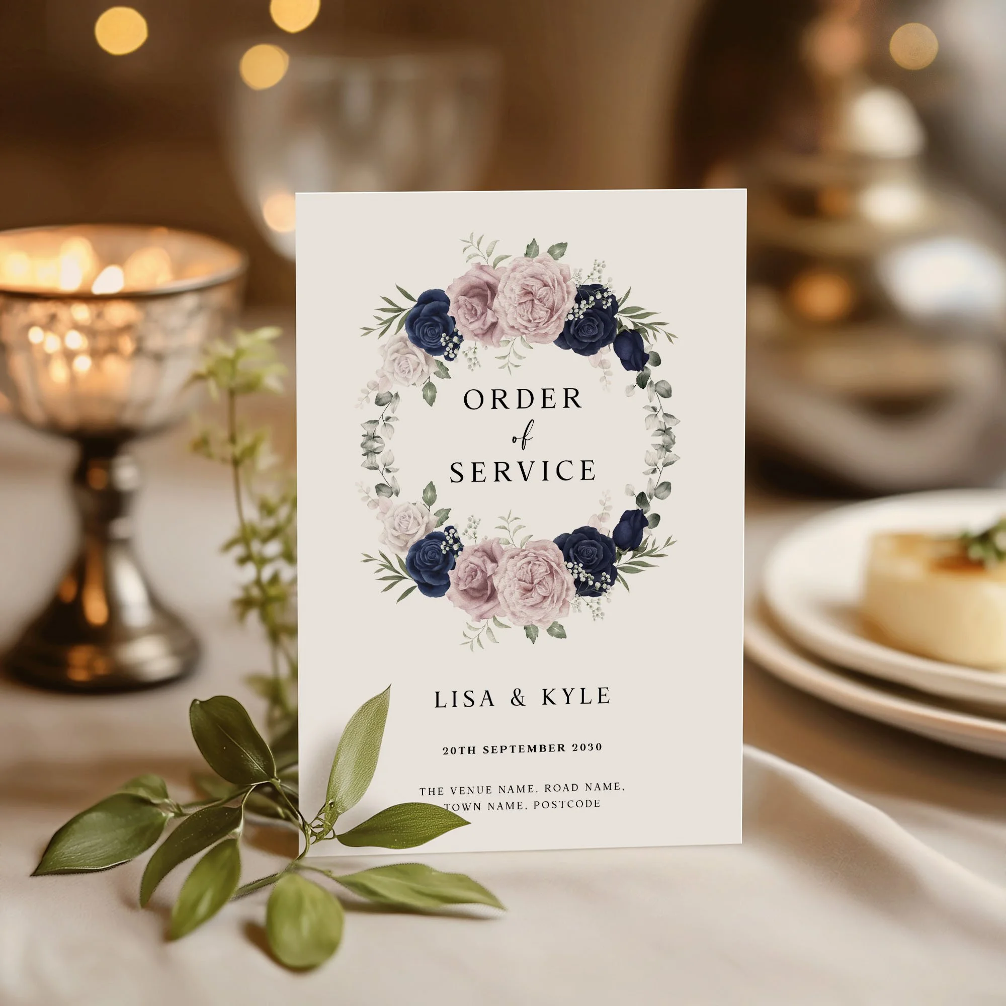 Navy Blue and Pink wedding order of service on a wedding day displayed