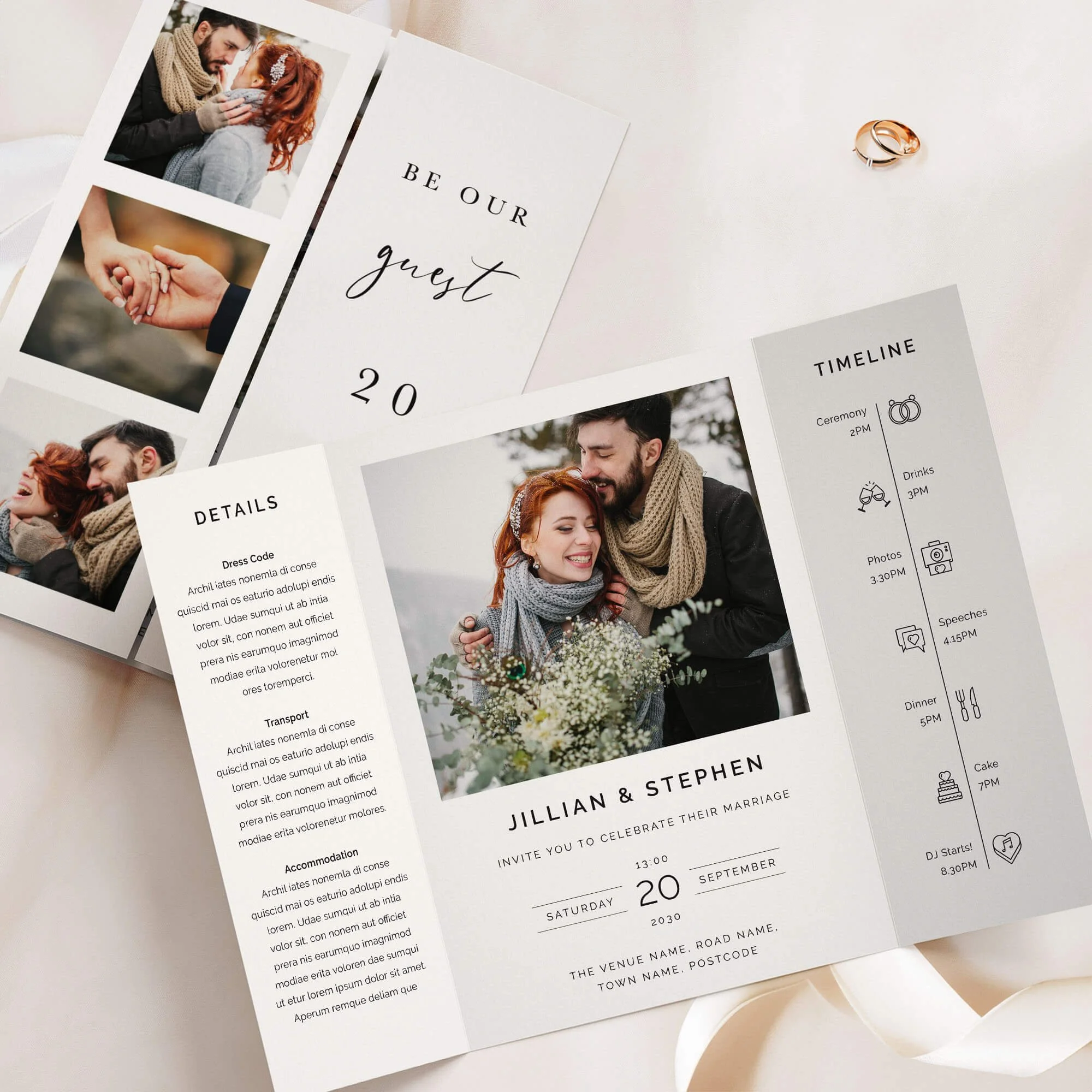 Photo gatefold wedding invitation with couple photography panels and script typography on cream