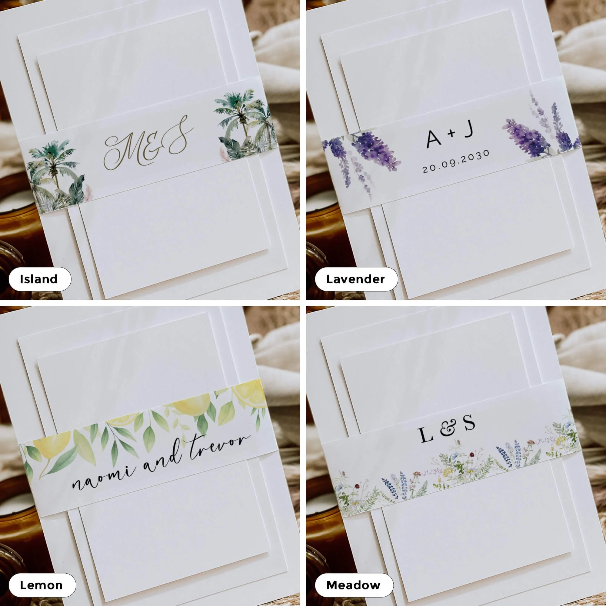 Collection of personalised wedding belly bands in a variety of elegant designs