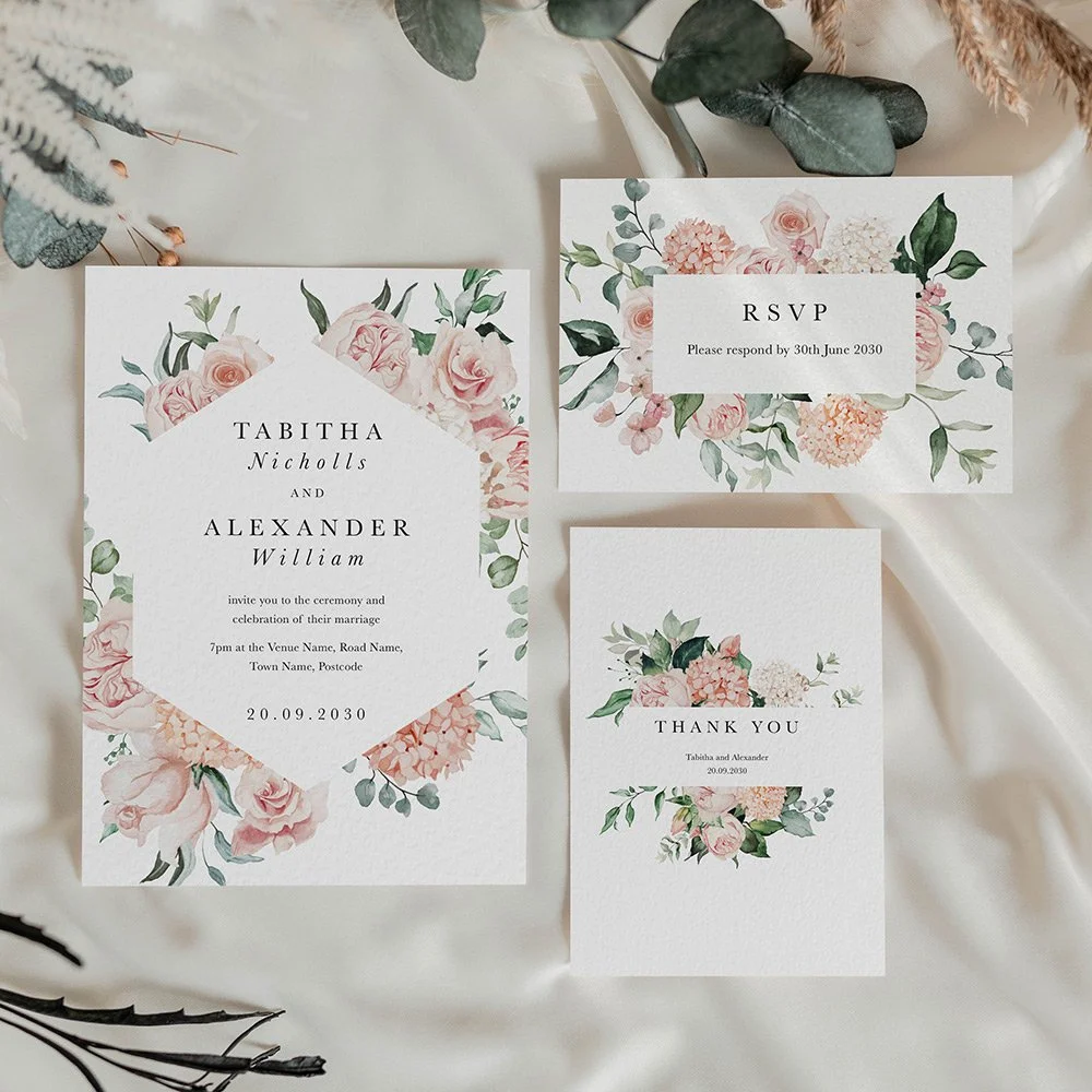 Blush Bouquet Collection wedding stationery featuring watercolour style florals in soft blush pink, ivory, and green with elegant script typography