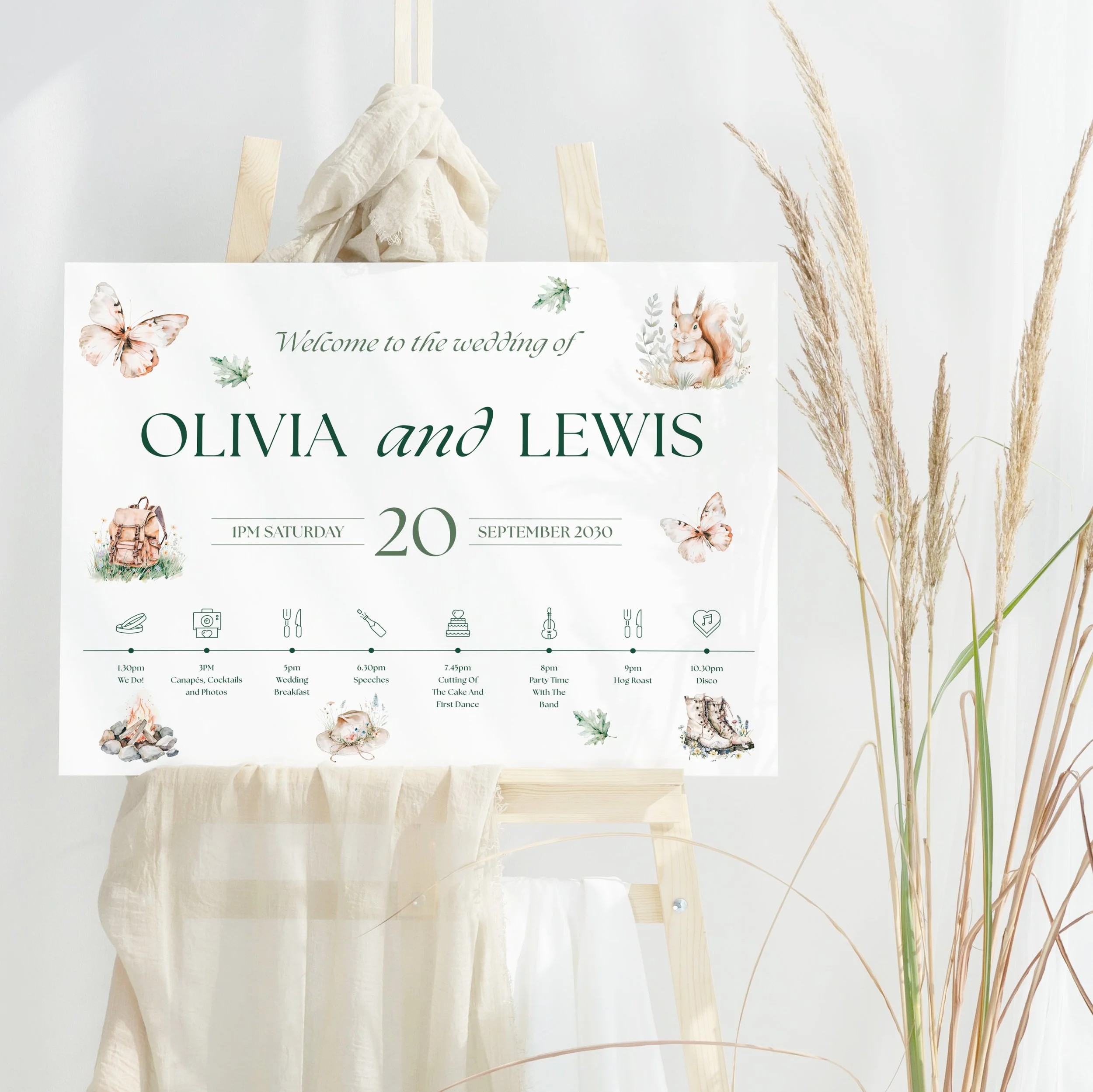 Adventure Wedding Welcome Sign printed on board with rustic woodland design and Order of the Day timeline.