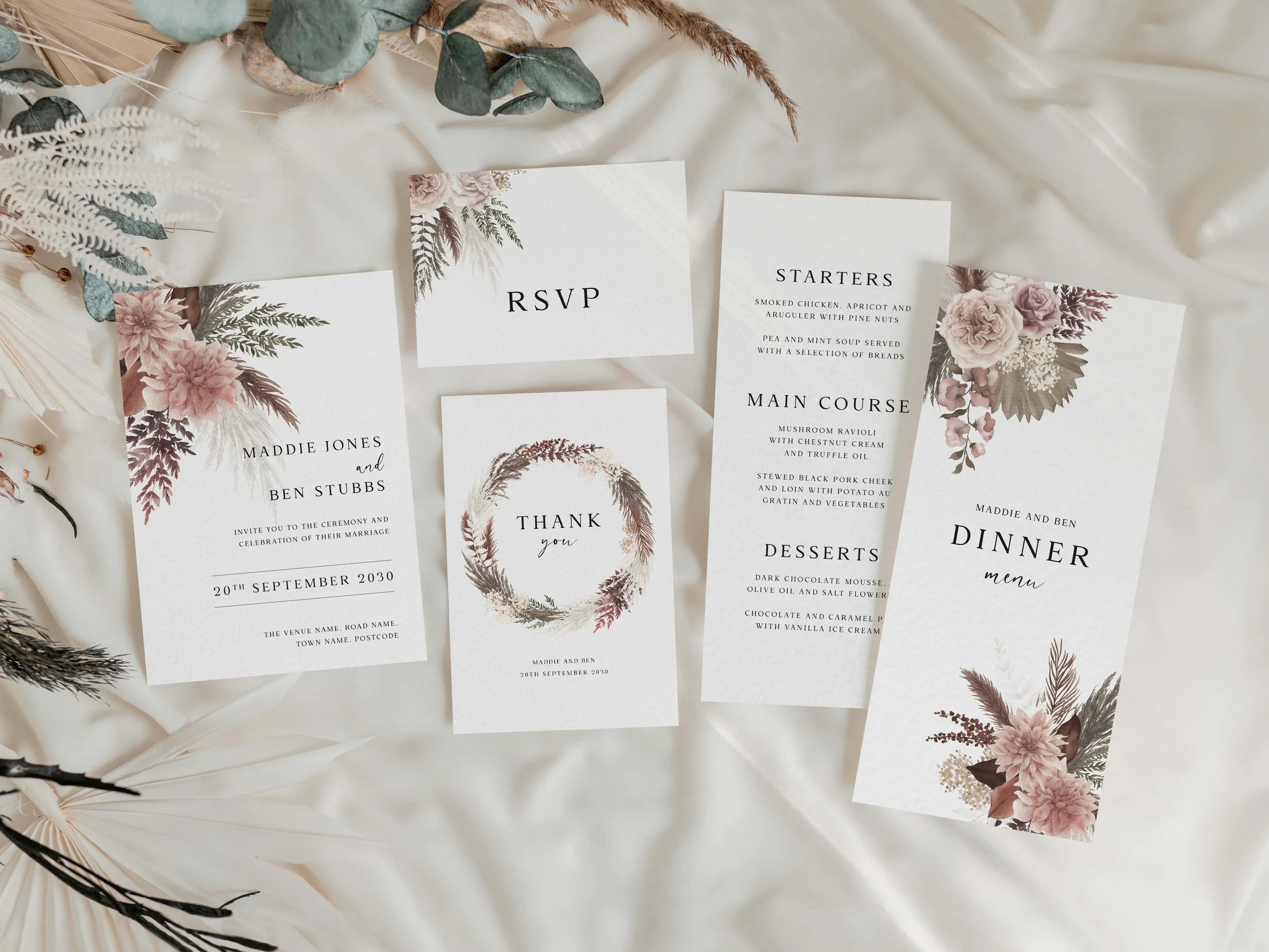Blush pink and brown dried flowers boho wedding stationery