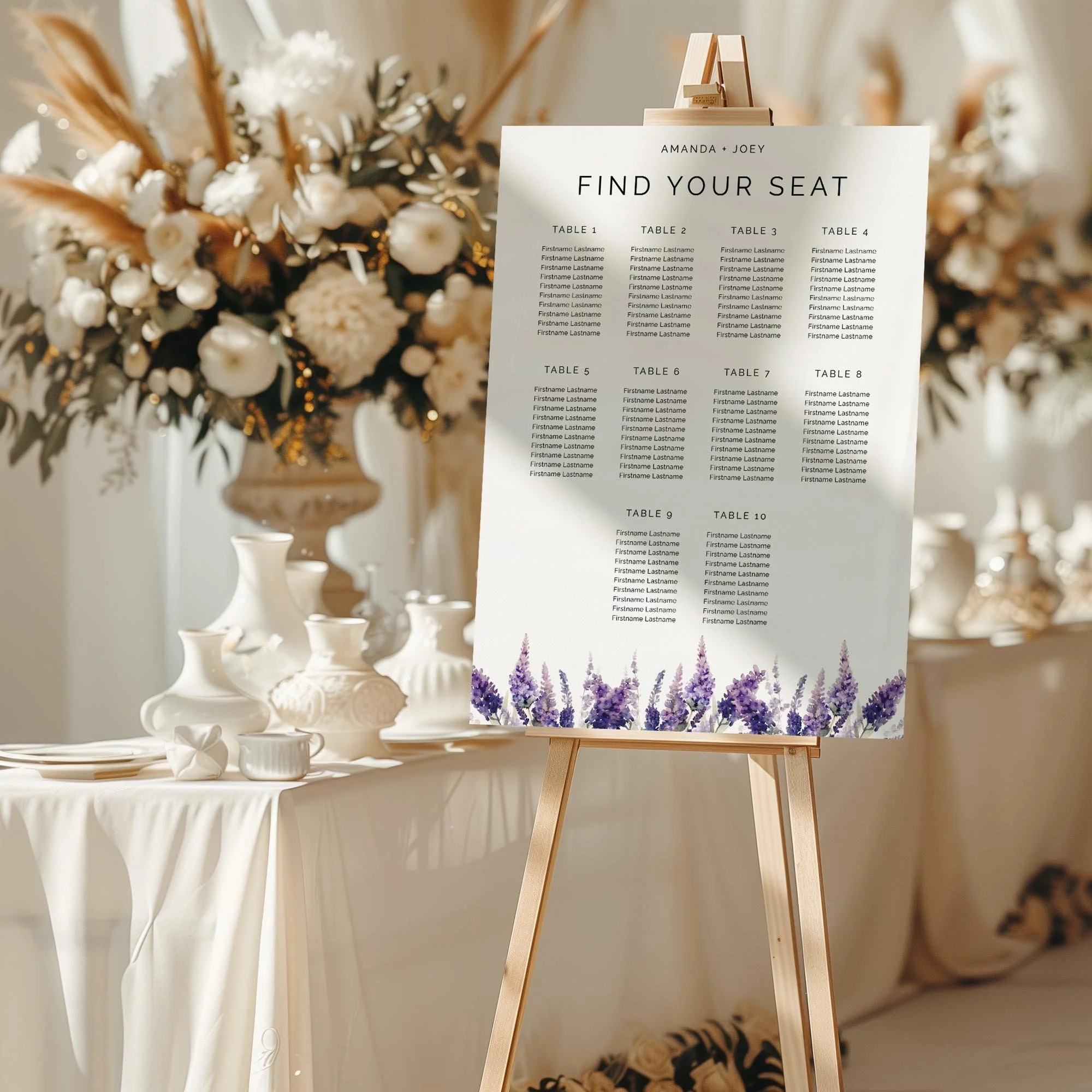 Lavender wedding seating chart sign styled at a reception
