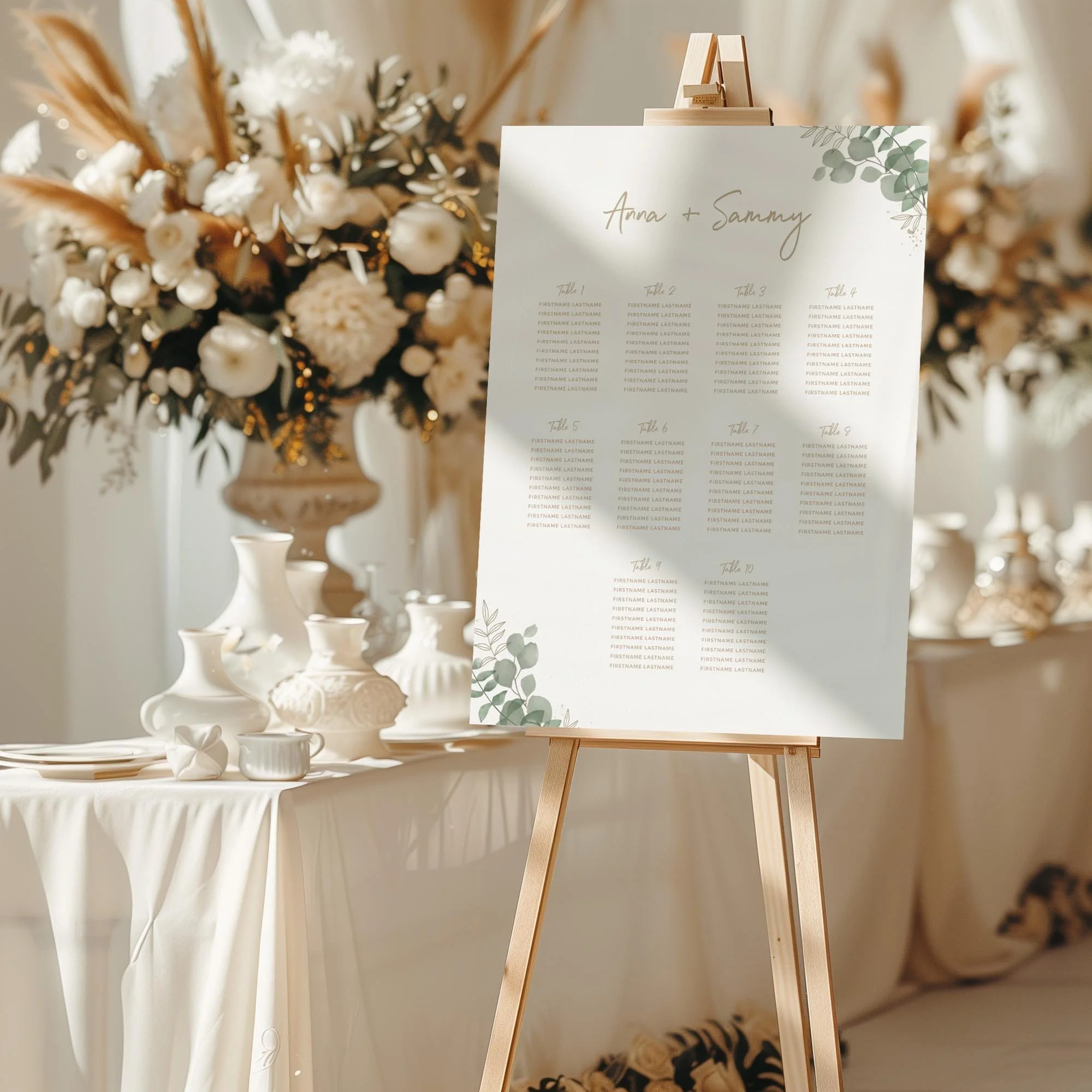Modern Eucalyptus wedding seating chart sign styled at a reception
