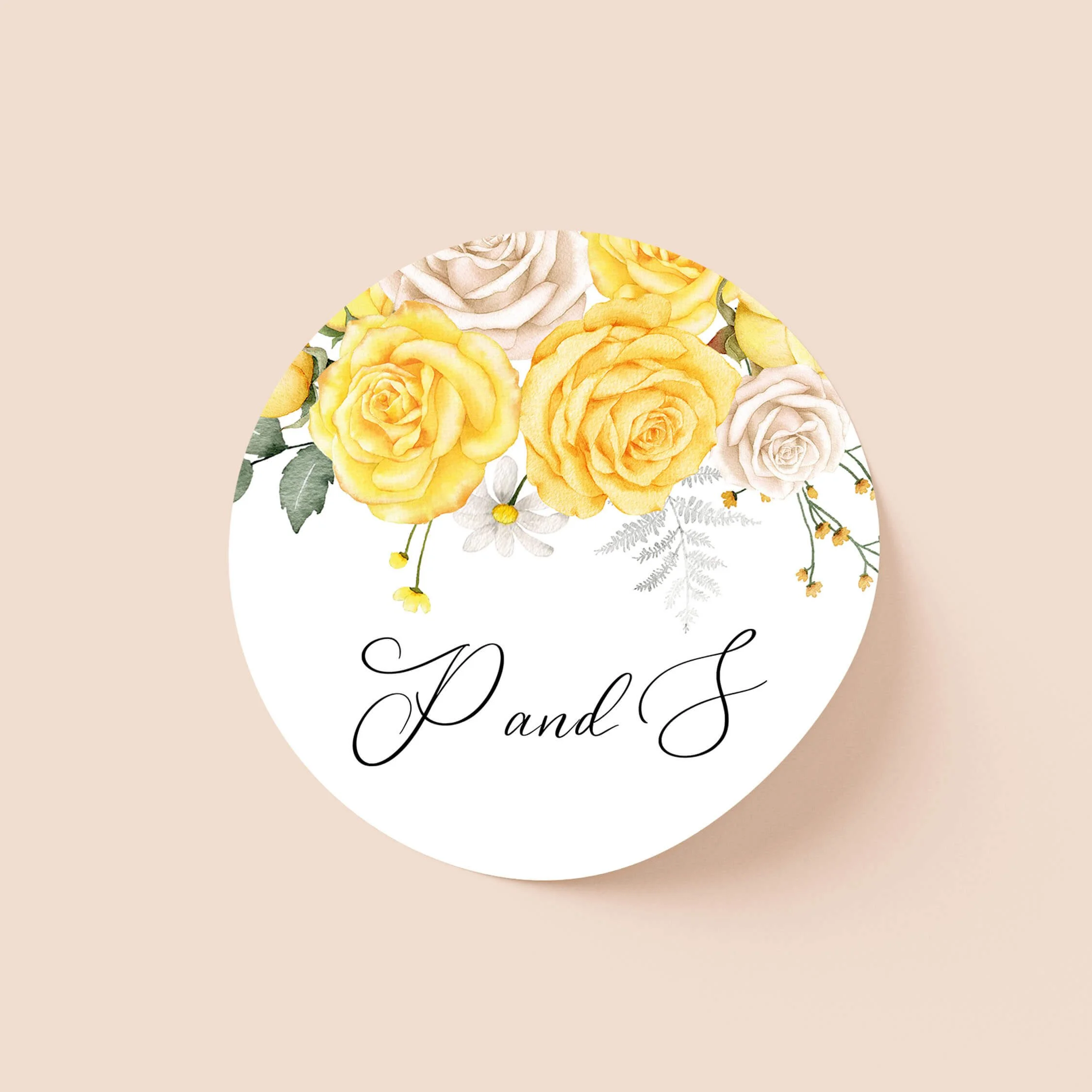 Summer Rose personalised wedding sticker with golden yellow rose bouquet illustration and script names on round sticker