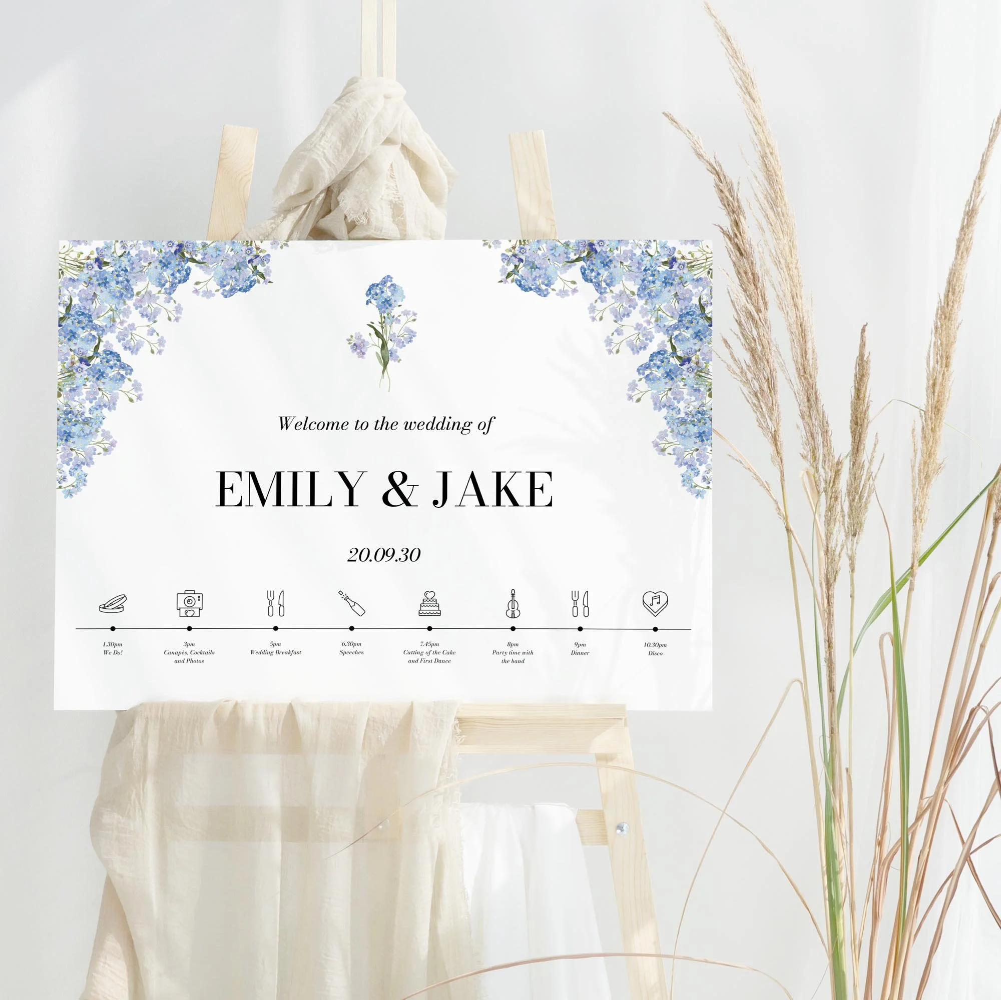 Forget Me Not Custom Timeline of the Day wedding welcome sign design