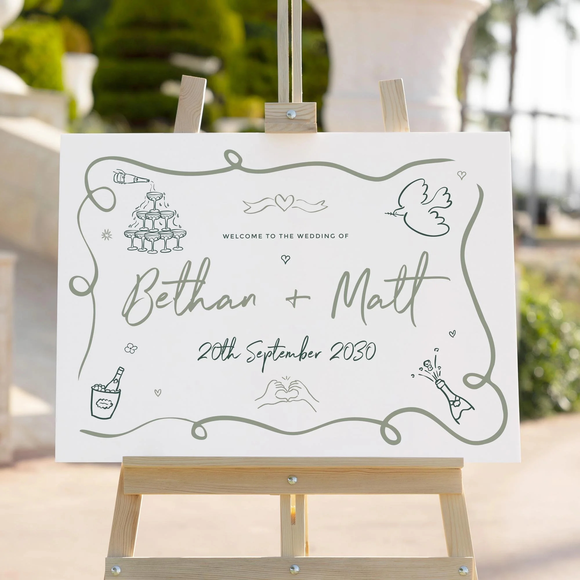 Green Doodle Sketch wedding welcome sign styled outdoors close-up