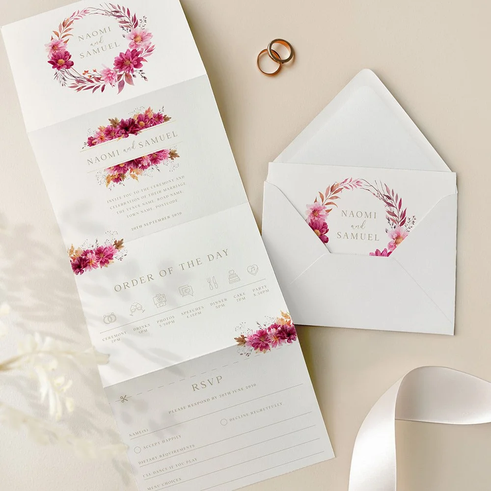 Dark Pink Floral Concertina Wedding Invites
