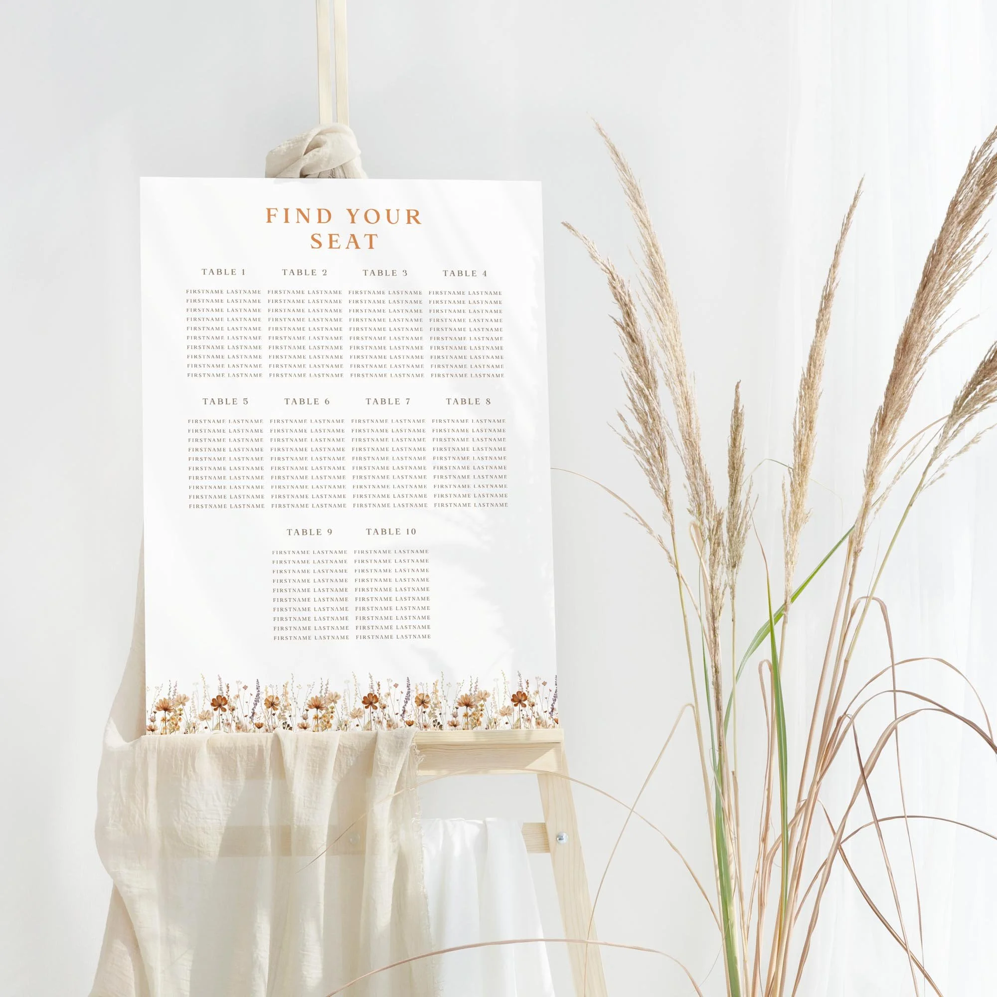 Brown Wildflower wedding table plan board seating chart sign