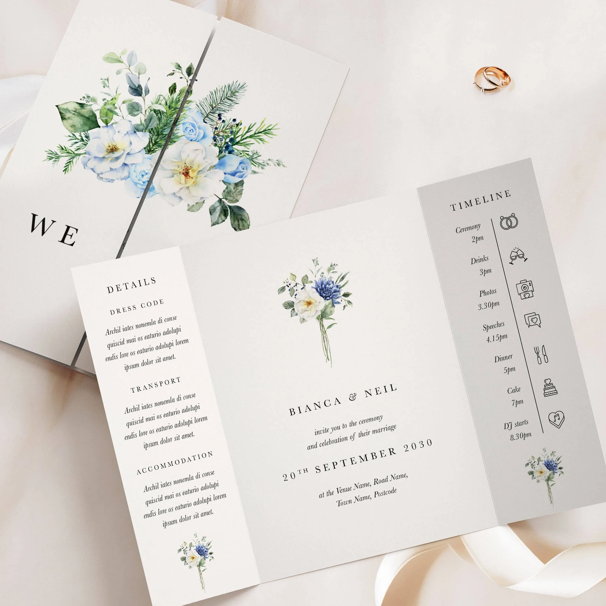 Minimal Blue Floral Gatefold Wedding Invitations Open and Closed