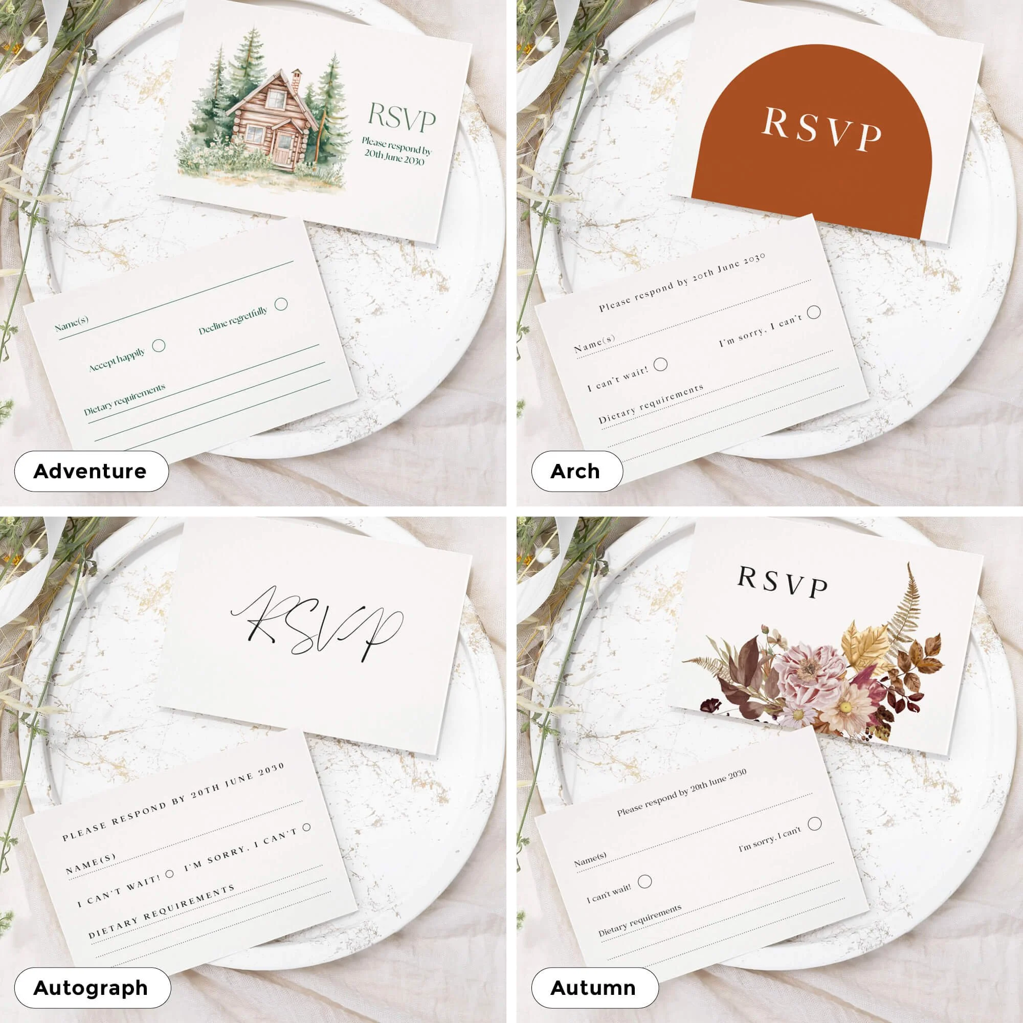 Modern wedding RSVP response card design to match invitation stationery suite