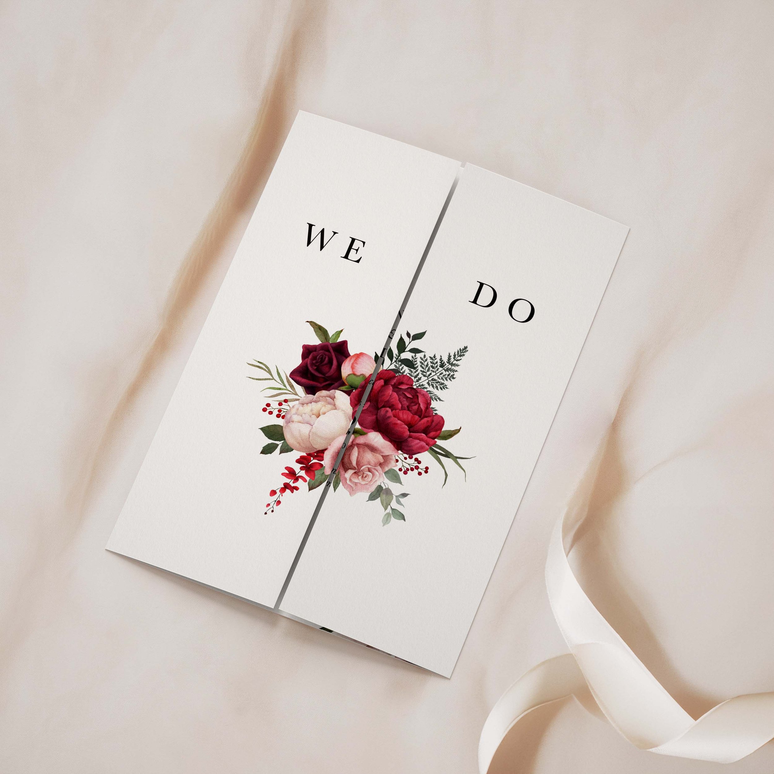 Red and pink floral gatefold wedding invitation