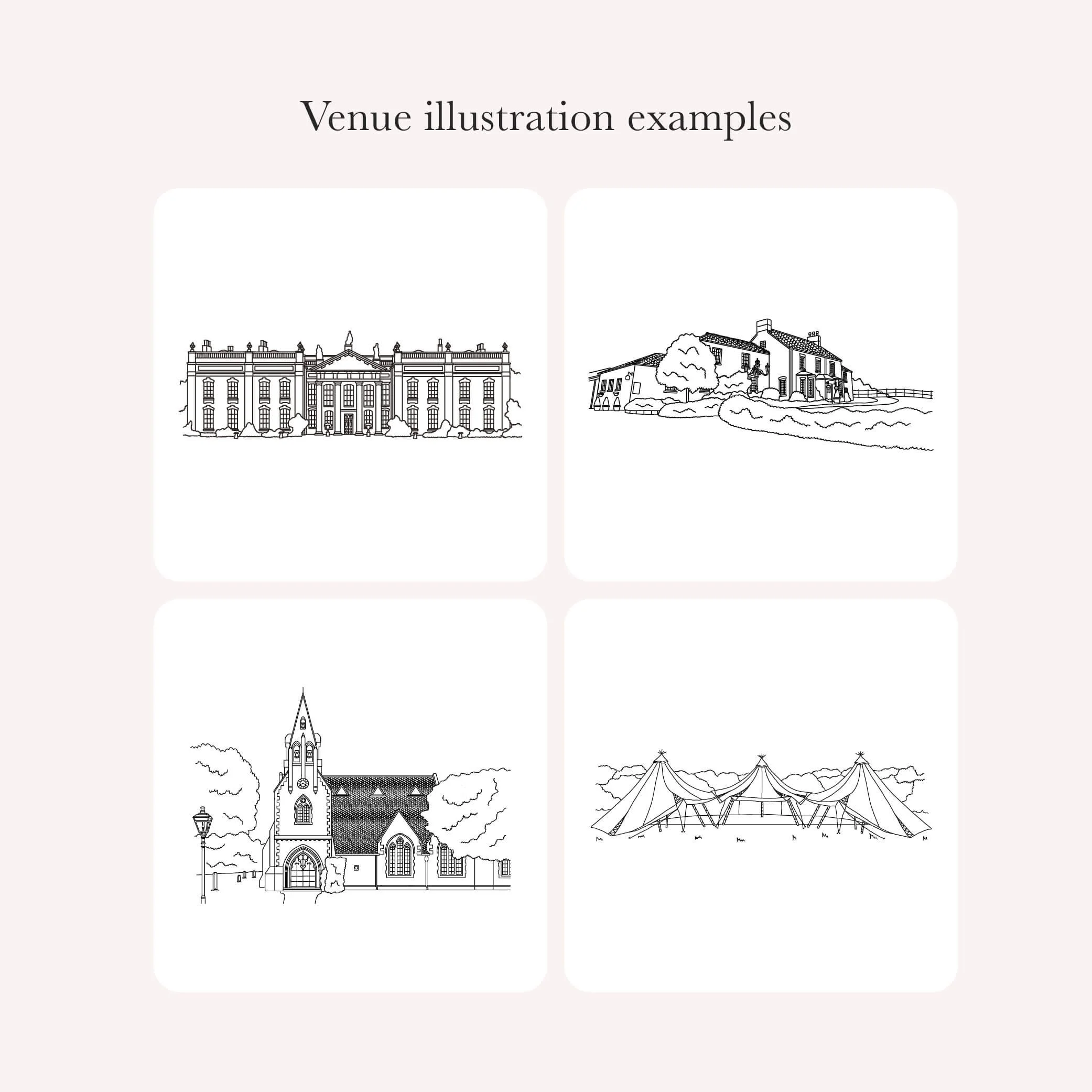 Examples of custom hand-drawn wedding venue illustrations showcasing different styles and architectural details