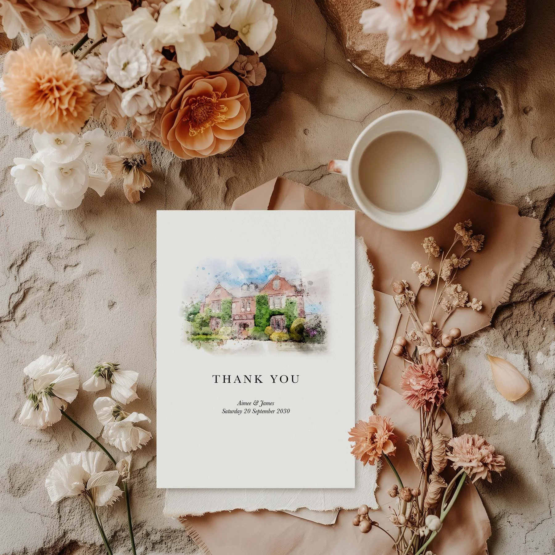 Bespoke Watercolour Venue Illustration wedding thank you card styled with flowers and stationery details