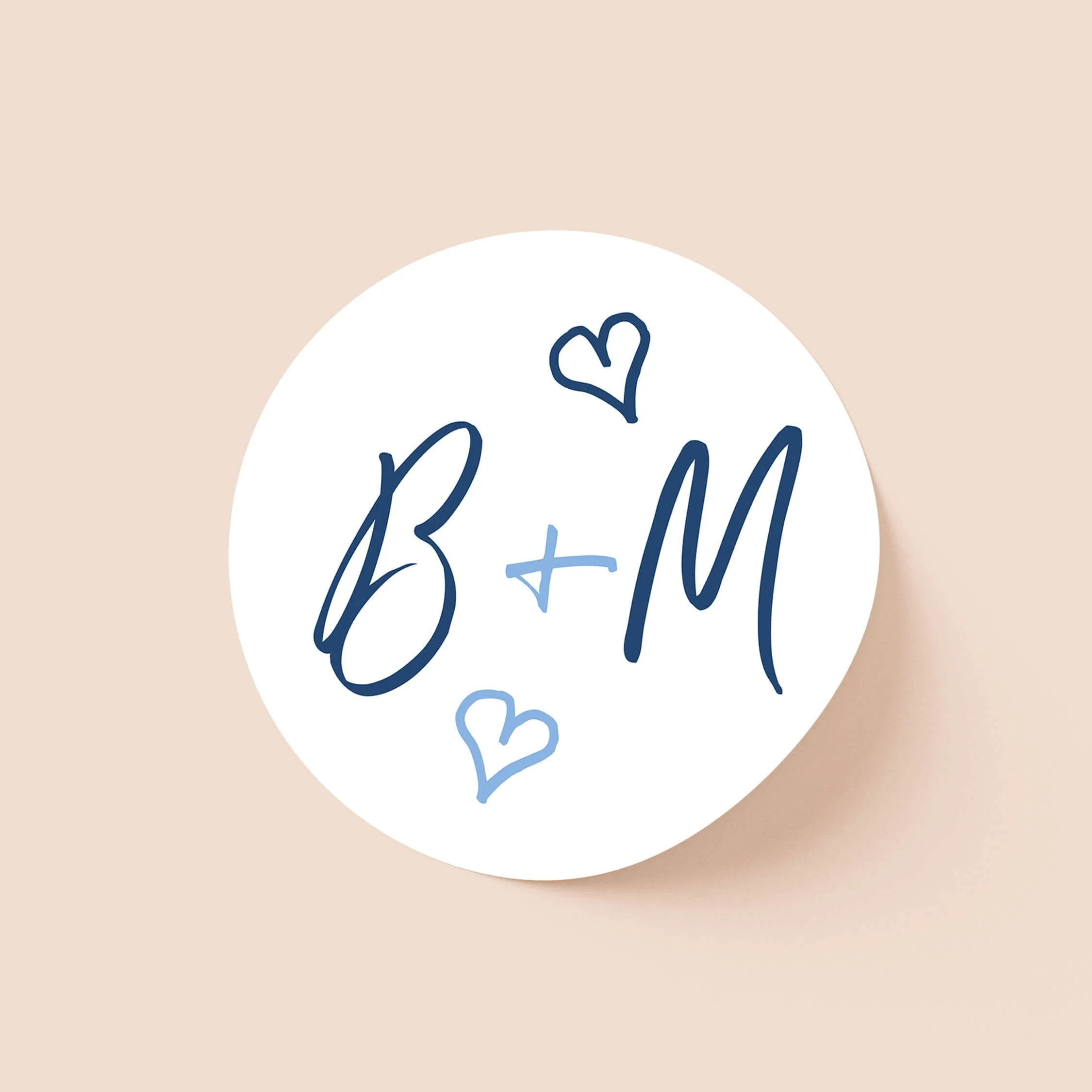Whimsical Blue personalised wedding sticker with bold navy script initials and hand-drawn blue hearts on round sticker