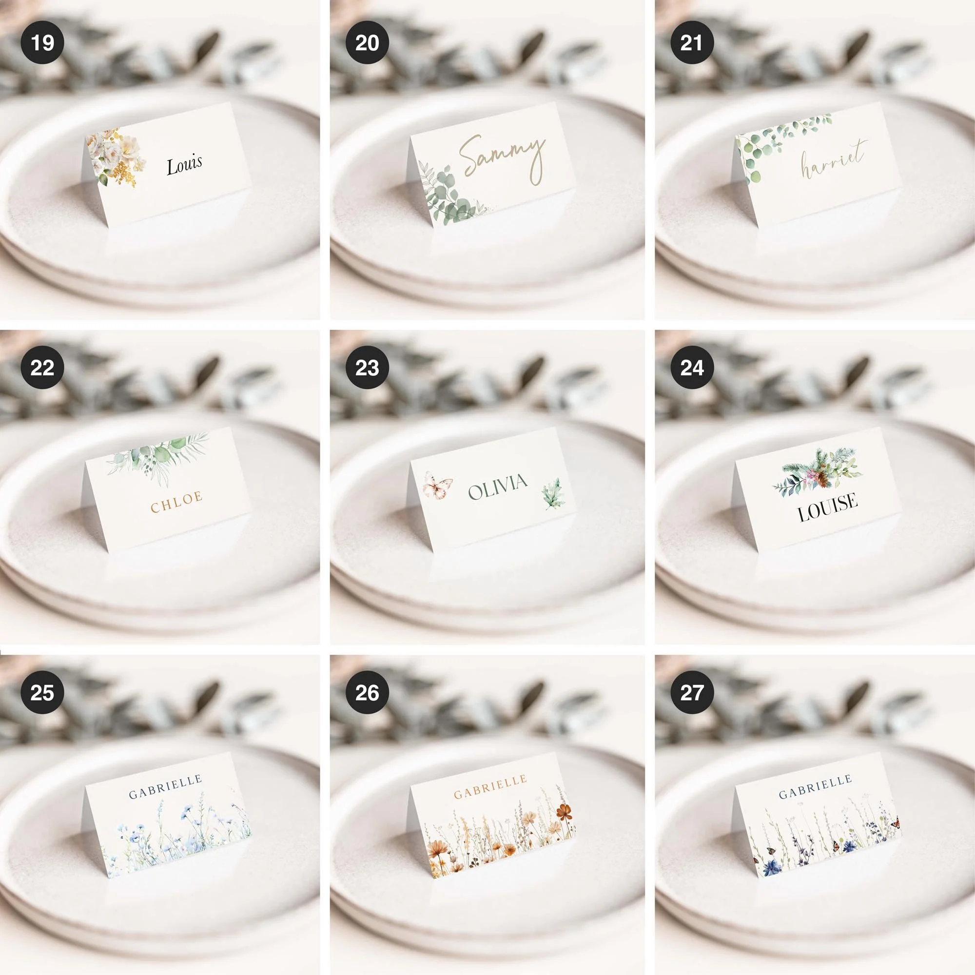 Selection of personalised wedding place card designs in various styles, including modern, floral, and minimalist, displayed on wedding tables