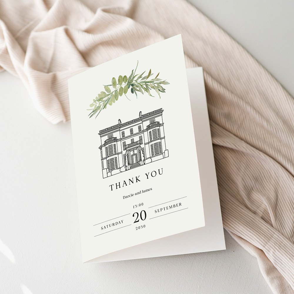Custom Venue Sketch Greenery Thank You Cards For Wedding
