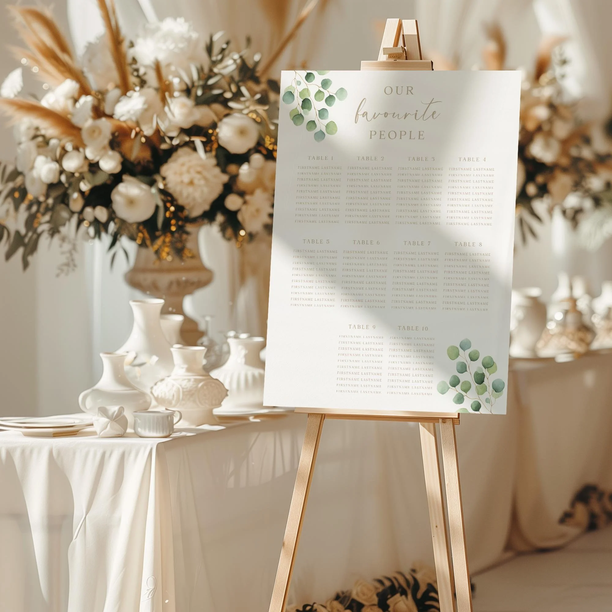 Eucalyptus Foliage wedding seating chart sign styled at a reception