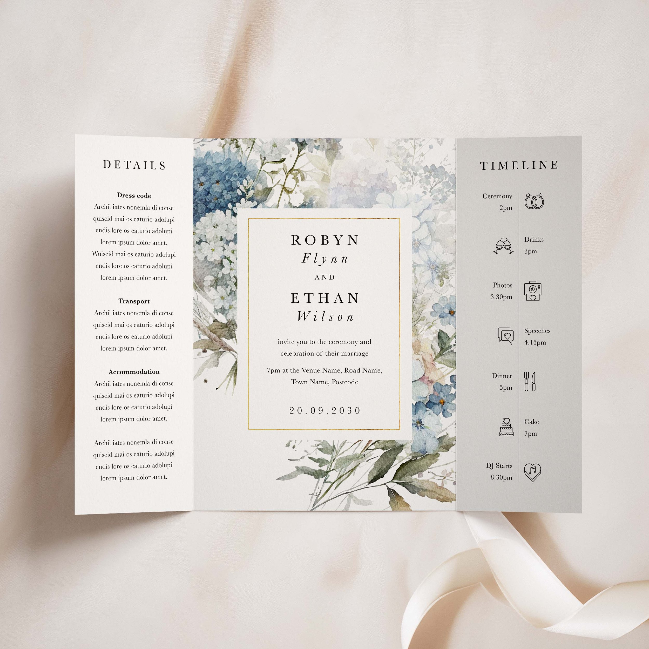 Dusty Blue Floral Gatefold Wedding Invitation Samples