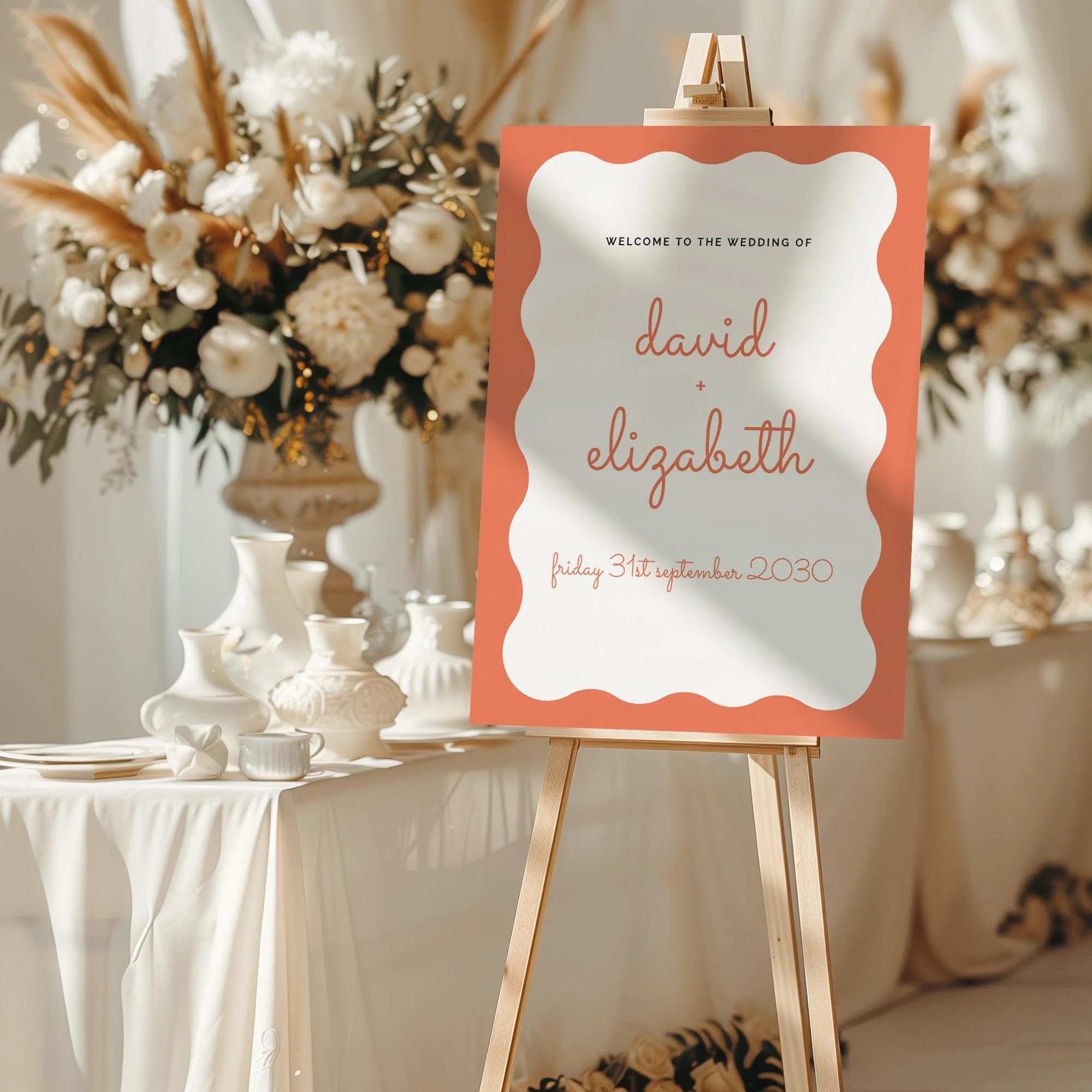 Scallop wedding Welcome Sign styled at a reception
