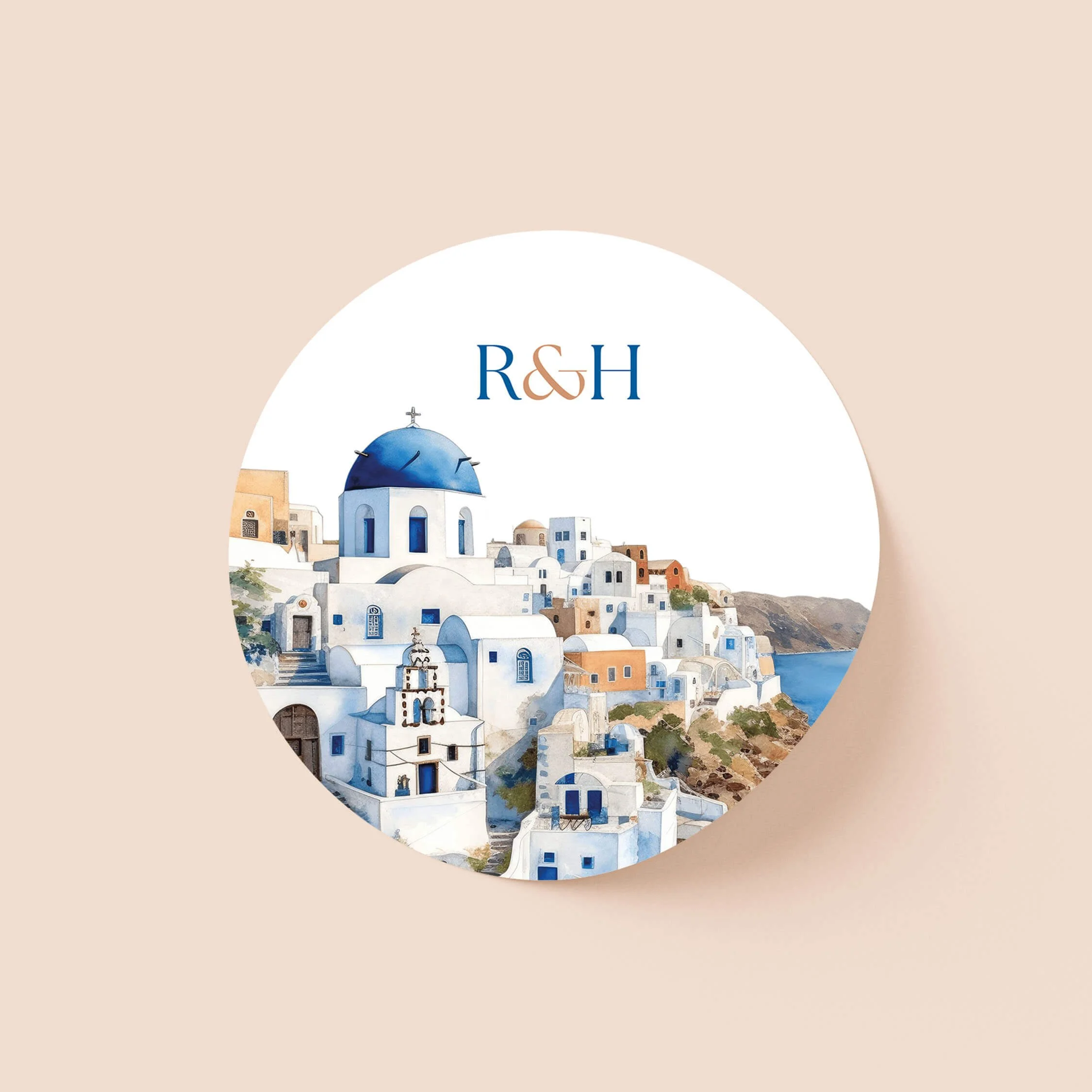 Santorini personalised wedding sticker with Mediterranean blue wedding design and personalised initials on round sticker
