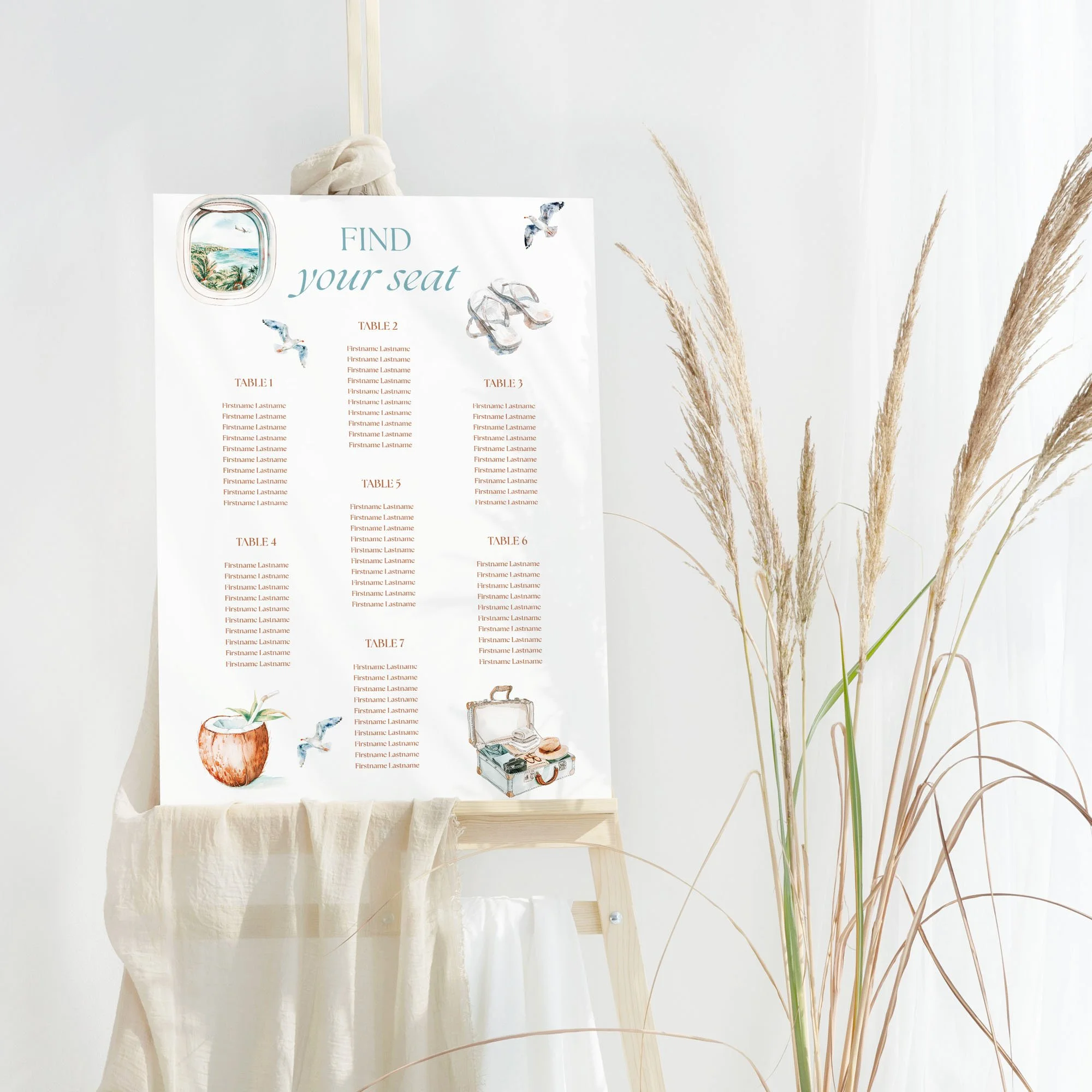 Explorer Wedding Table Plan Board showing travel-themed illustrations: suitcases, plane window, coconut drink, and flip flops around seating details.