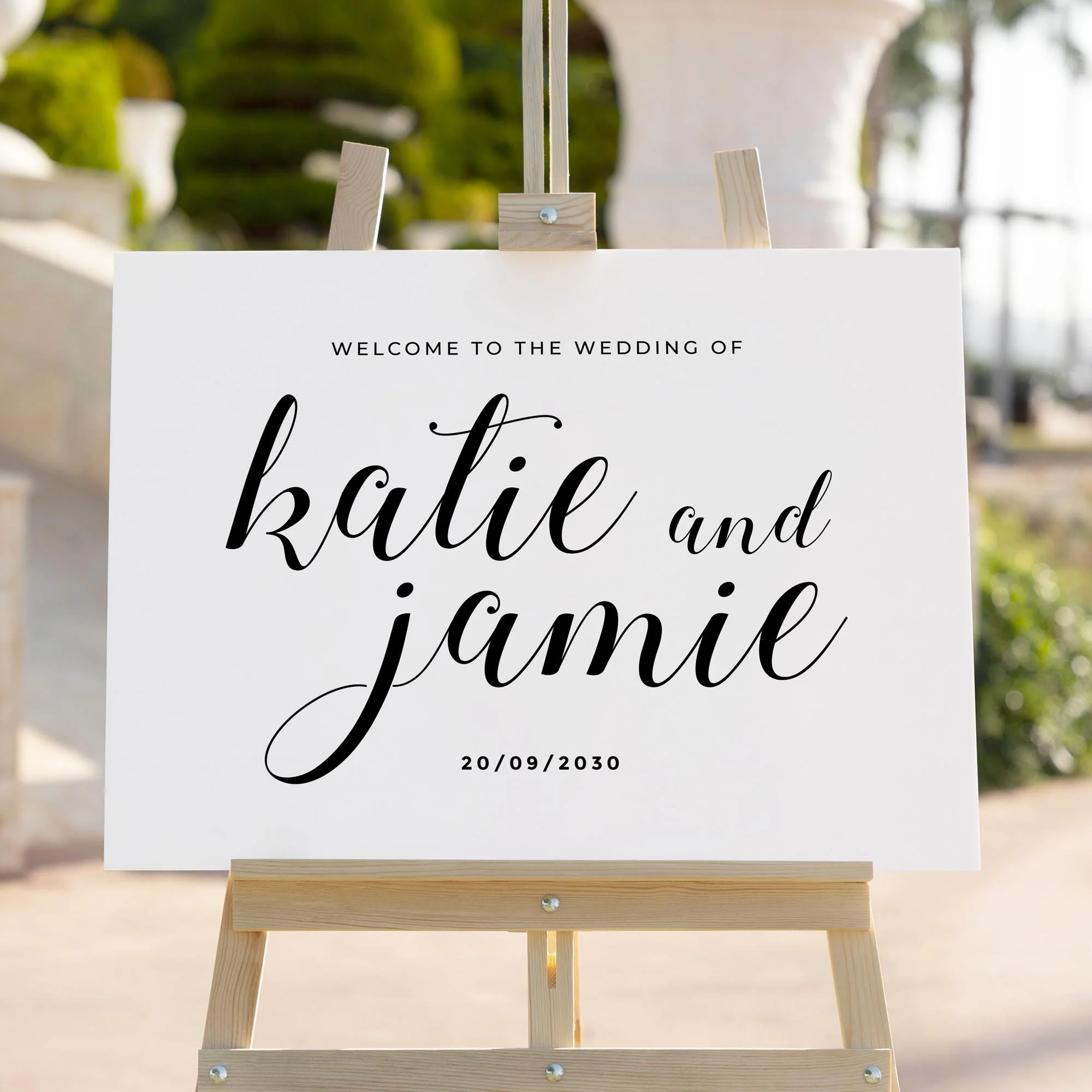 Calligraphy Style wedding welcome sign styled outdoors close-up