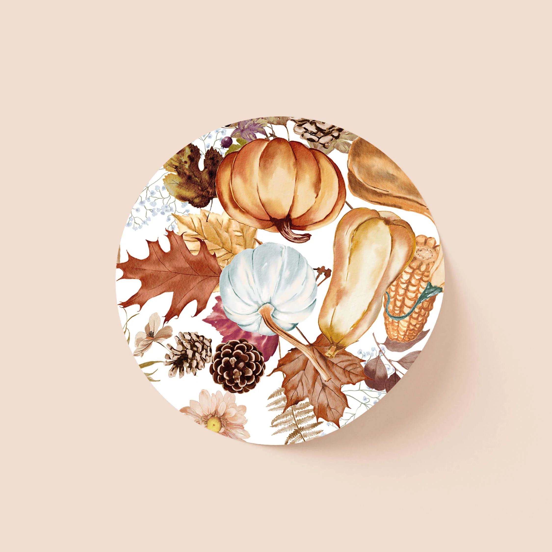 Autumn wedding sticker with pumpkins and seasonal foliage illustration
