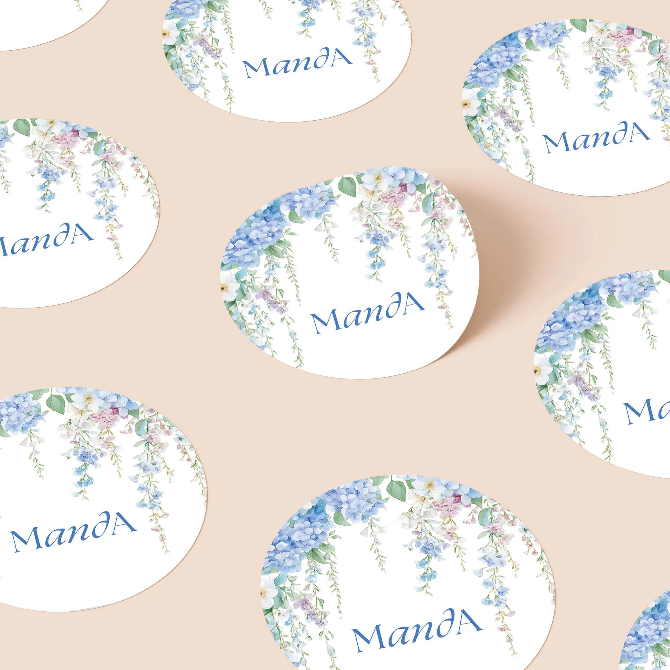 Serenity personalised wedding stickers with blue wisteria and hydrangea cascading floral design on round stickers