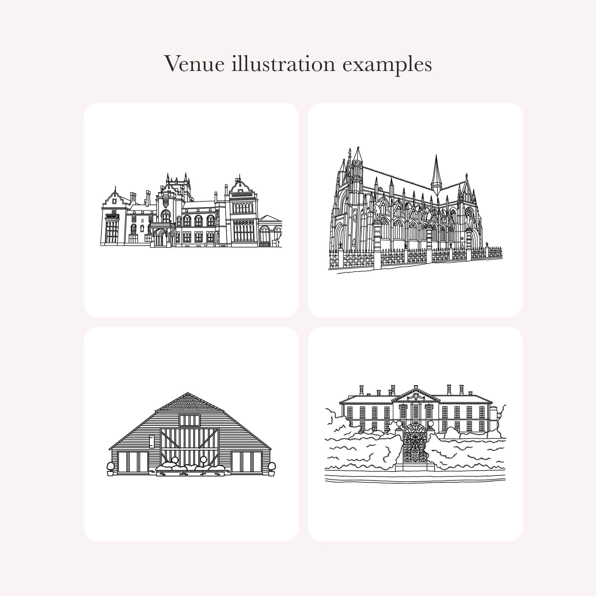 Examples of bespoke venue illustrations in our signature black and white line art style